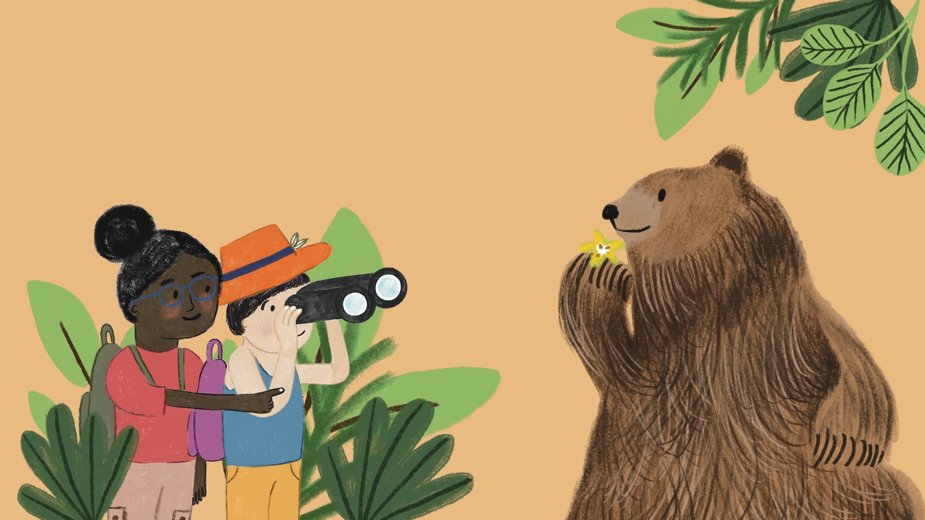 An illustration of two children using binoculars to look at a brown bear.