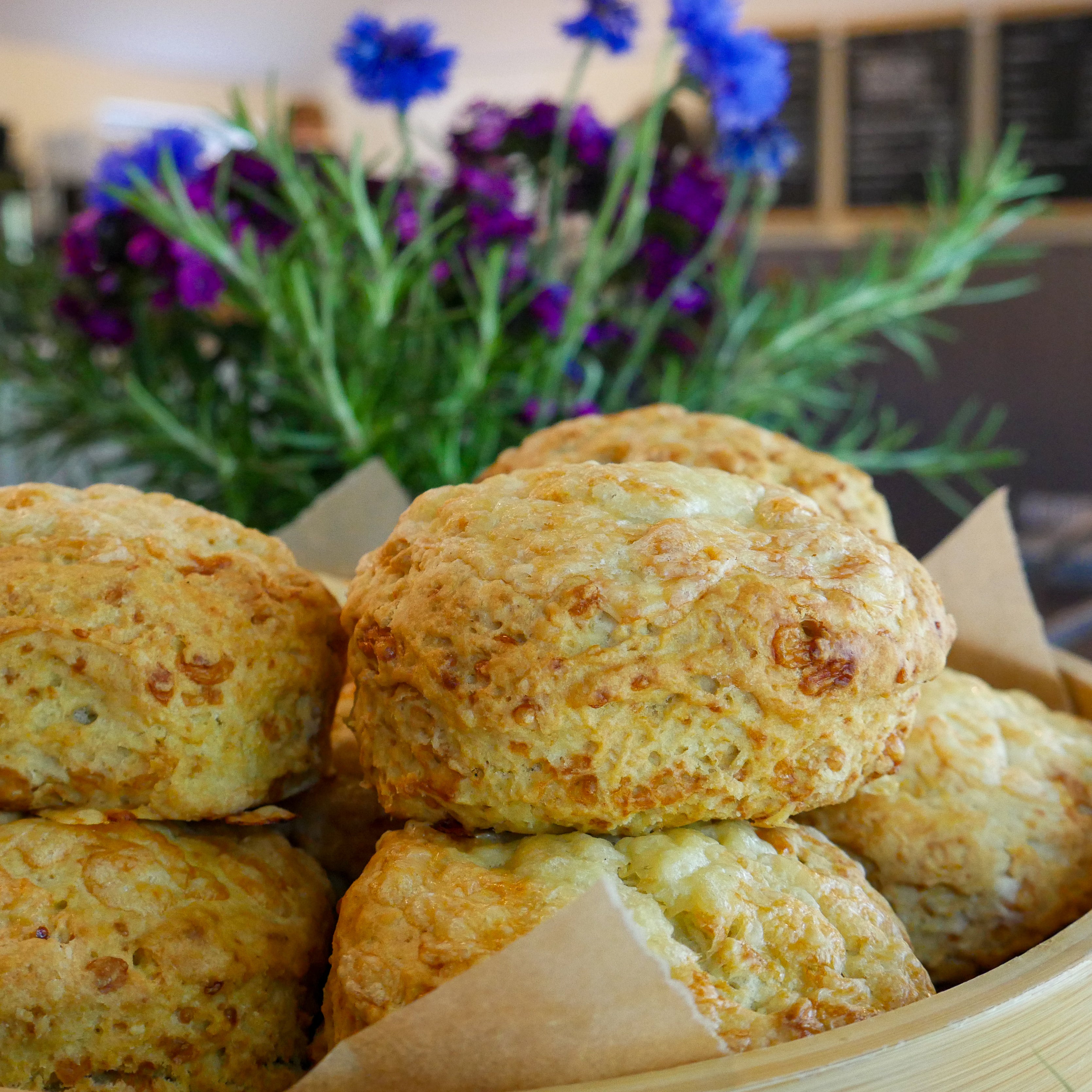 A plate of cheese scones with flowers in the background