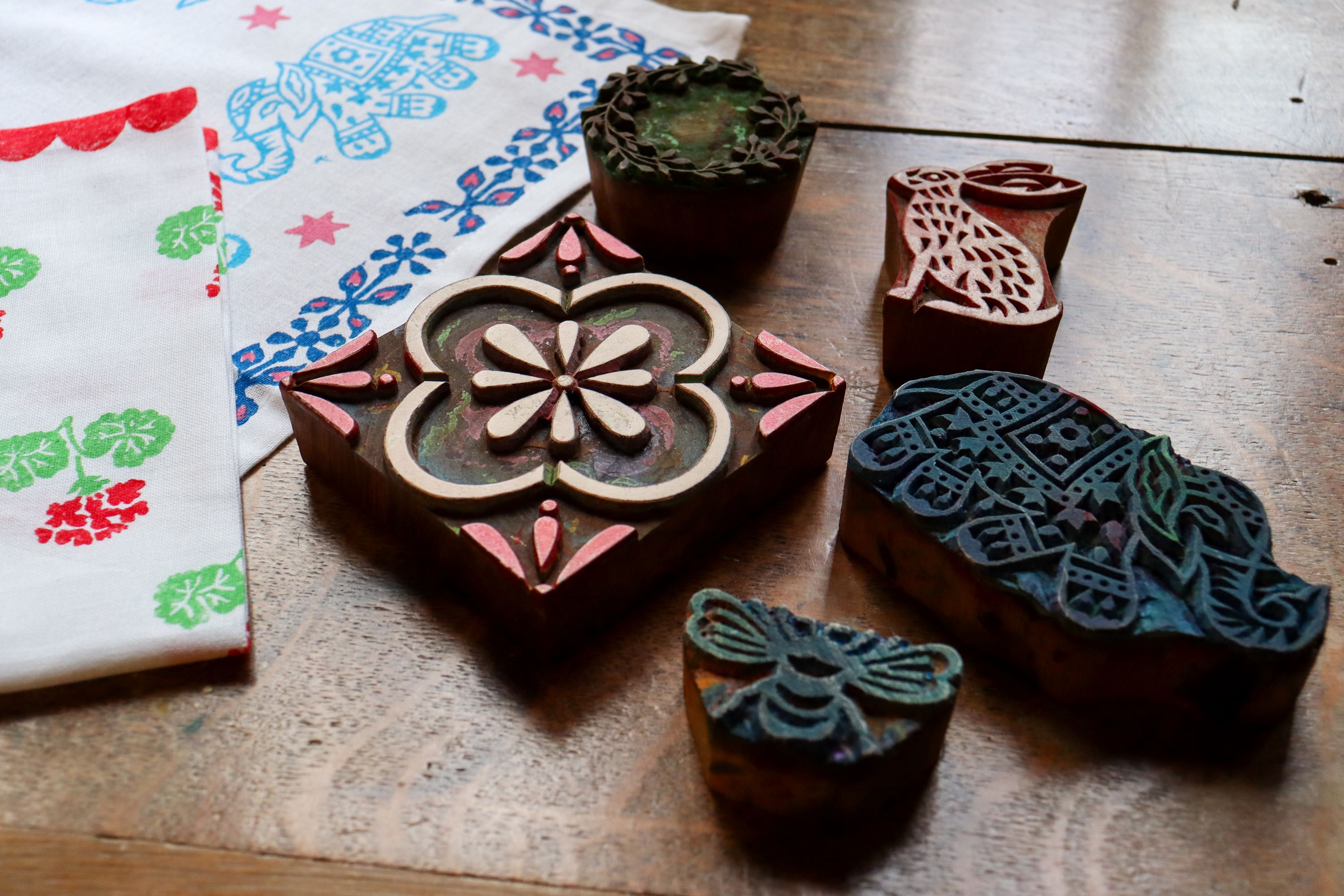 Indian woodblocks laid on printed fabric