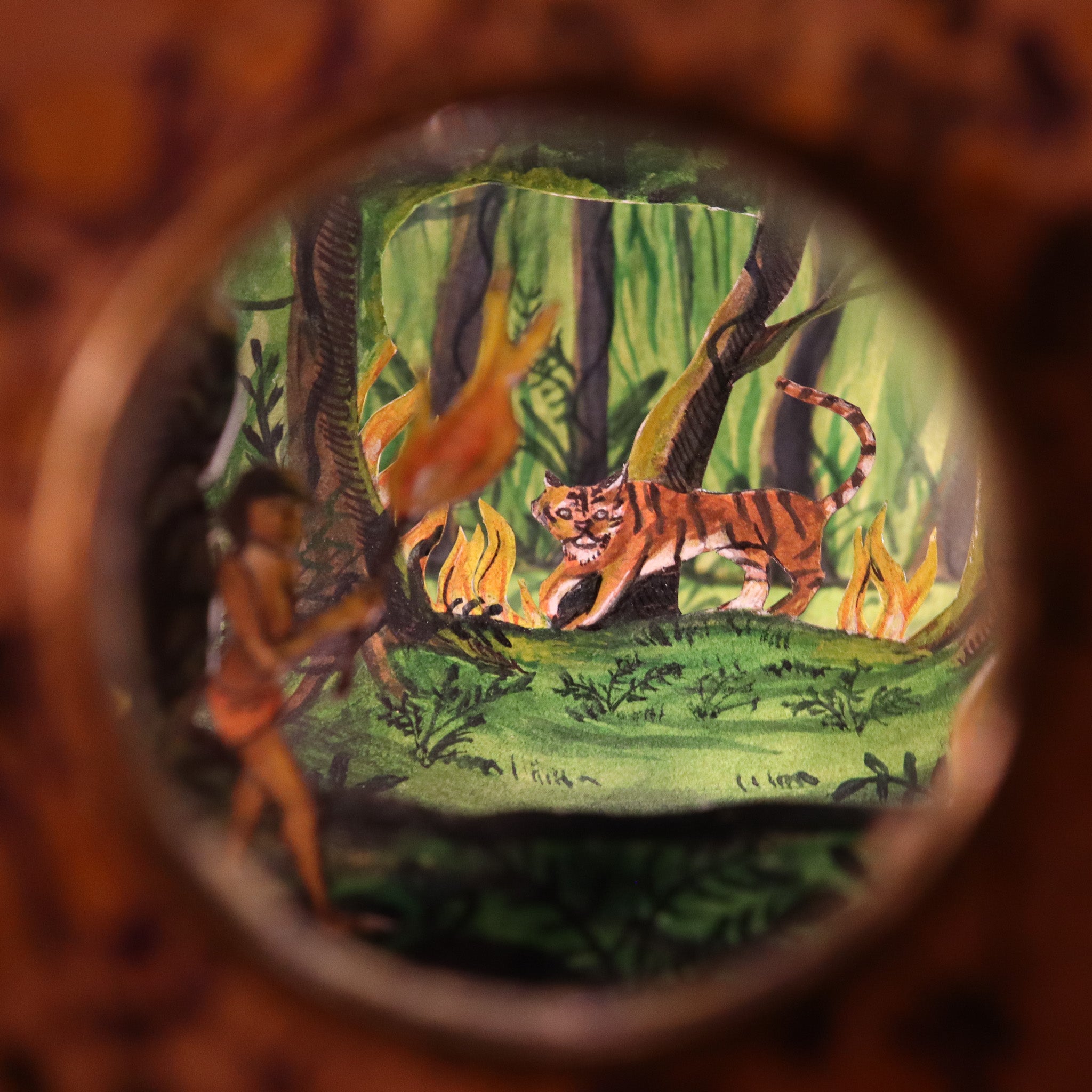 A view into a tunnel book of a scene inspired by The Jungle Book