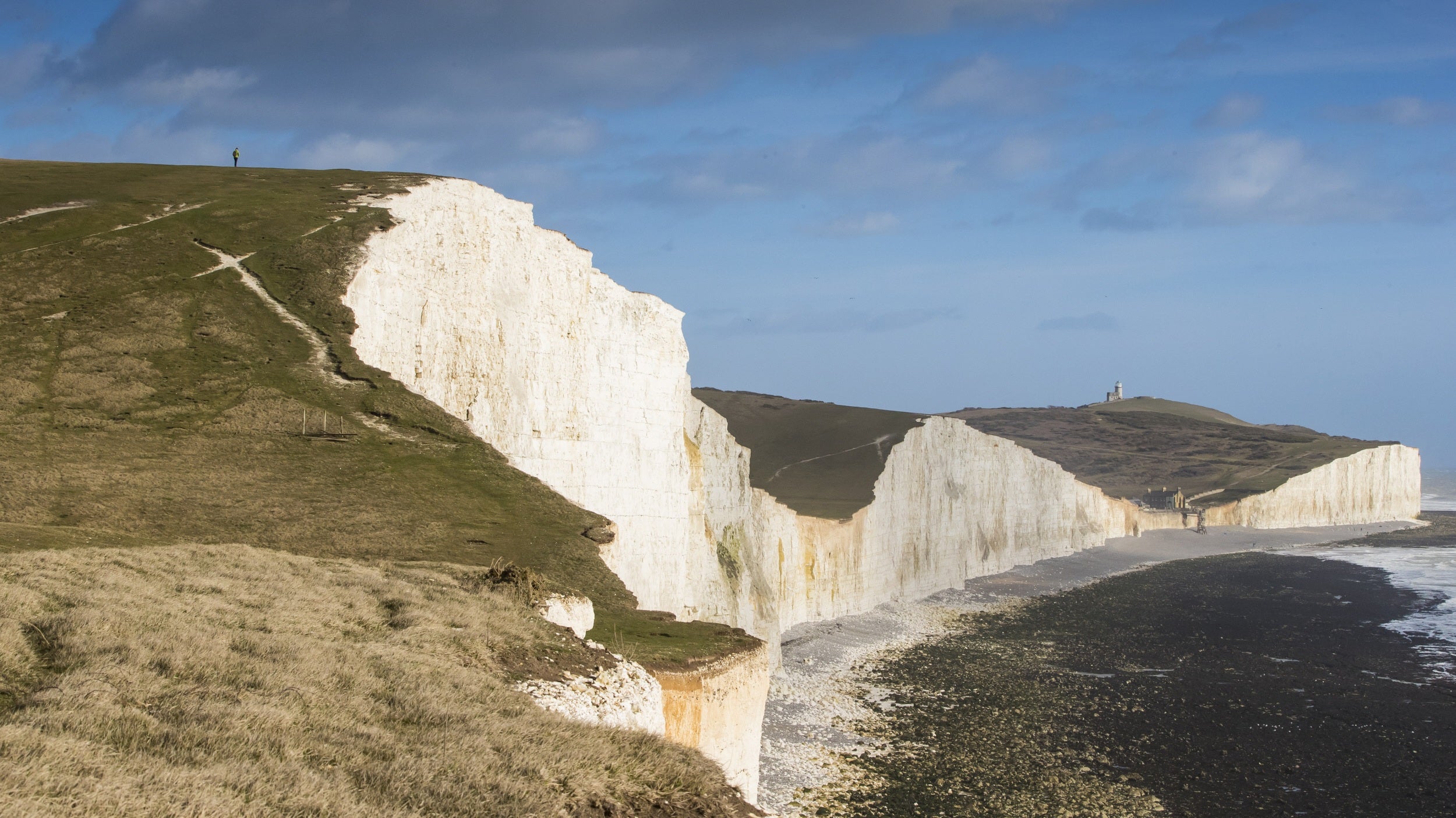 View of the white chalk cliffs on a sunny day