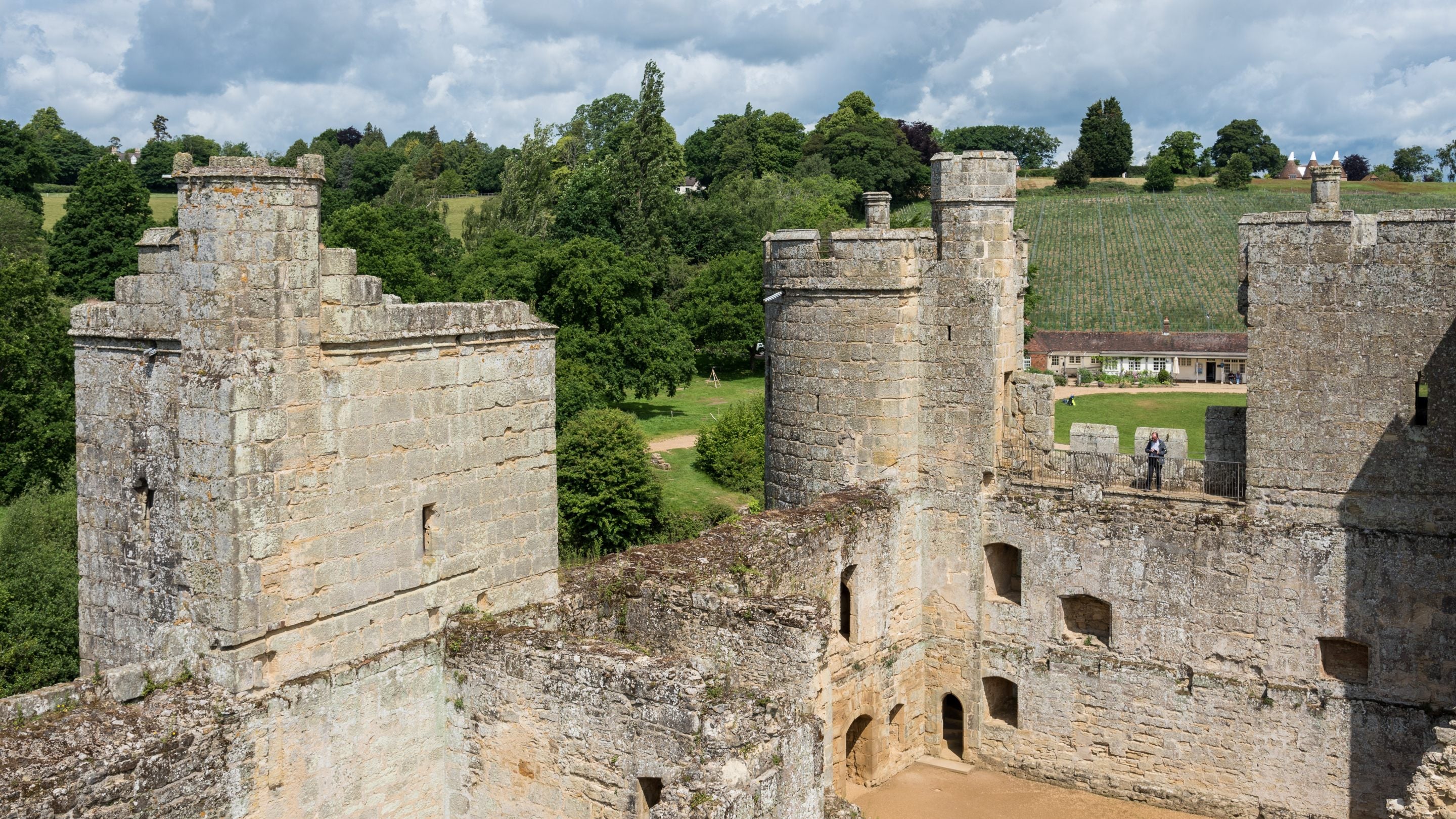 A view from above of the inside walls and courtyard at Bodiam Castle