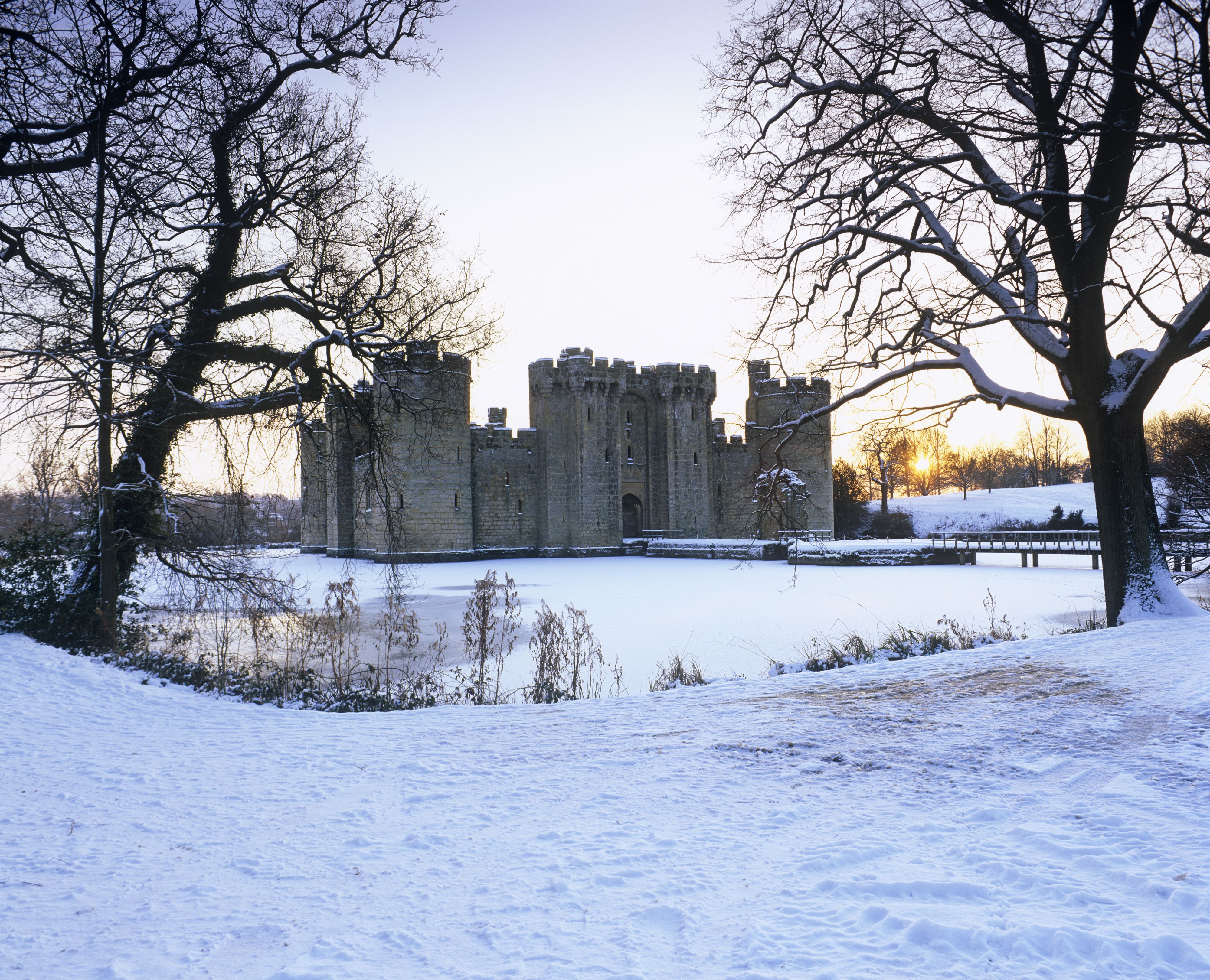 Sunset at Bodiam Castle, East Sussex, in the snow