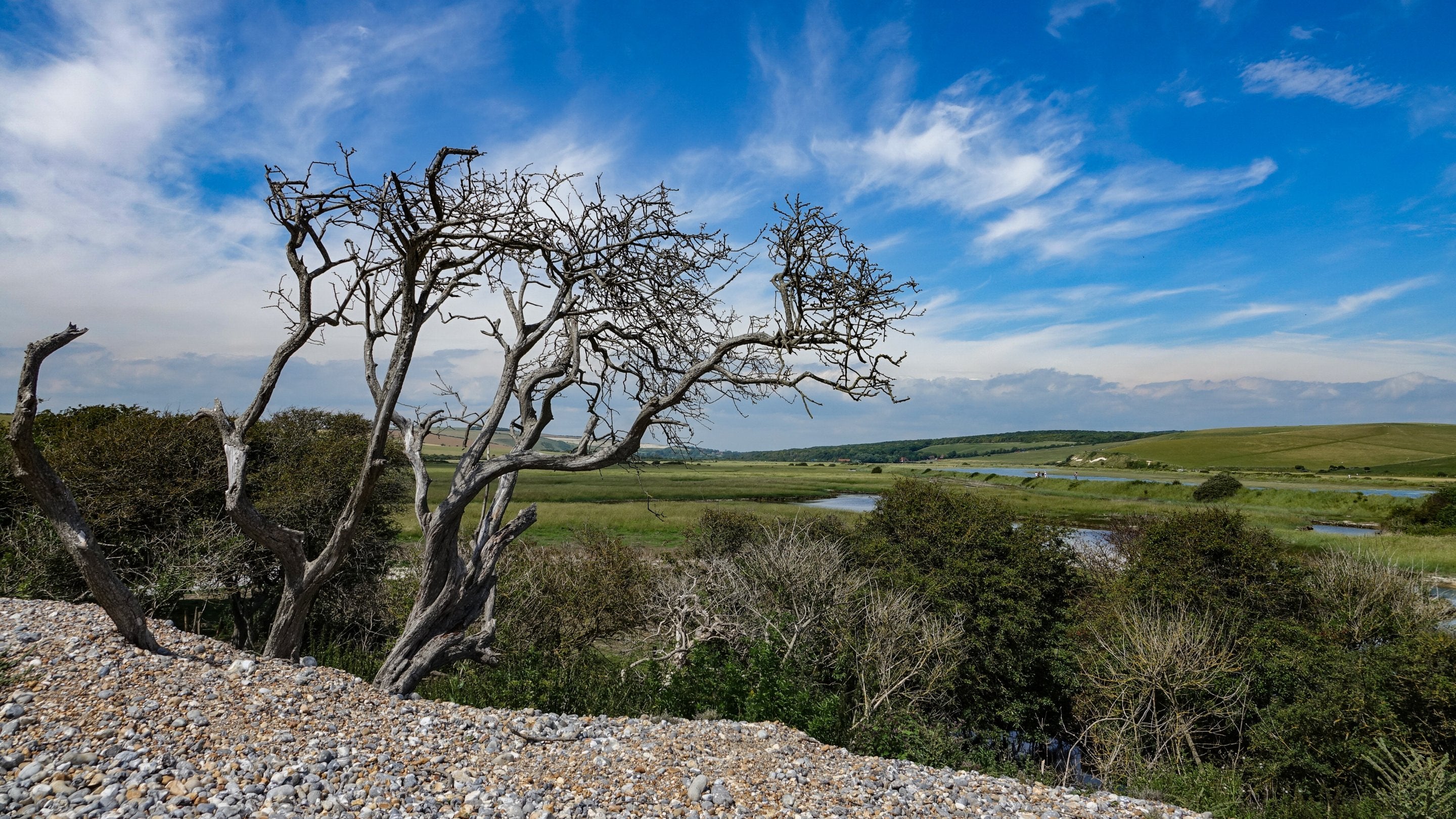 A view back from the pebbly beach at Cuckmere looking back down the valley where the river meanders through fields