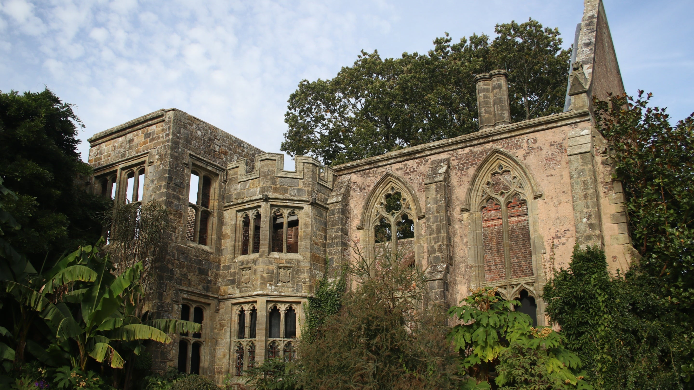 A view of the ruins at Nymans looking through at the Great Hall