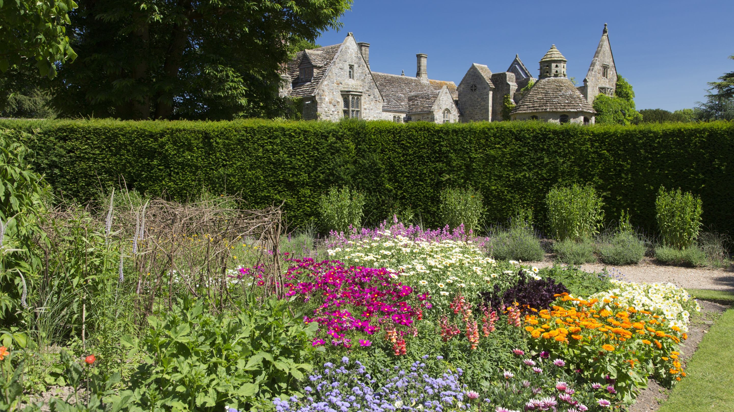 Colourful summer borders in the gardens at Nymans, West Sussex