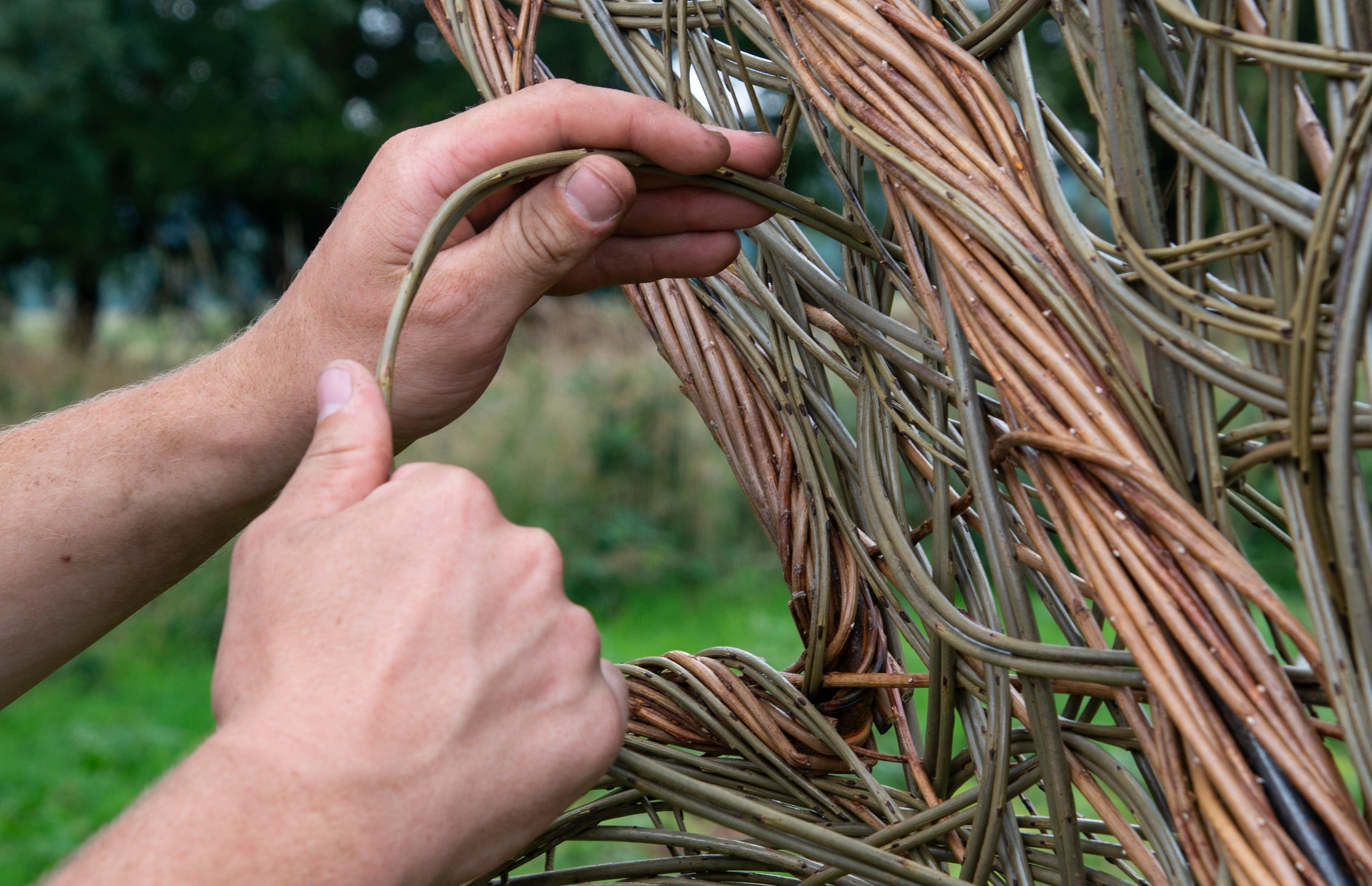 A close up photo of someone's hands modelling a willow sculpture