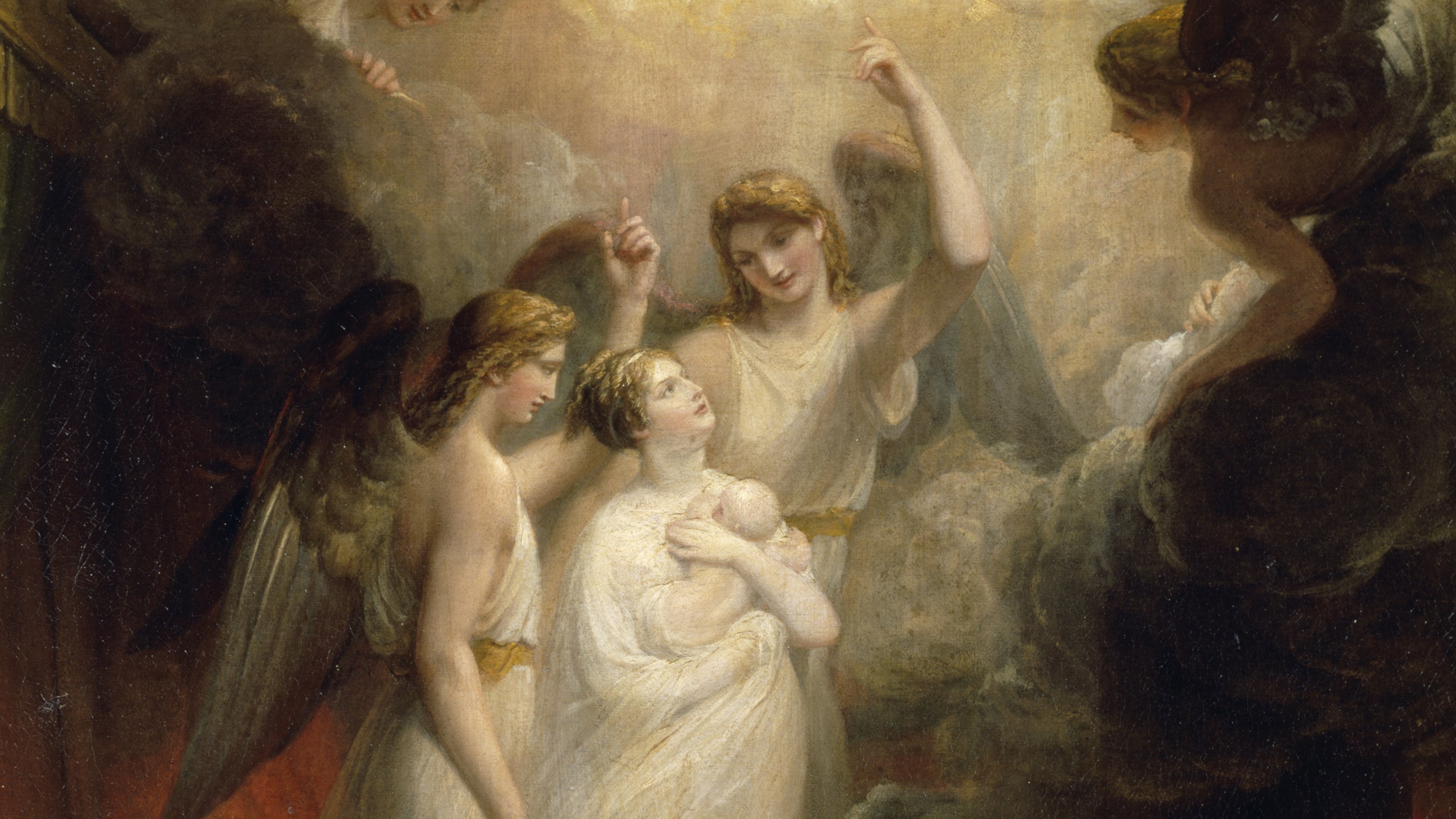 Part of The Apotheosis of Princess Charlotte Augusta, Princess of Wales by Henry Howard. Princess Charlotte, holding her baby, is ascending into the sky.