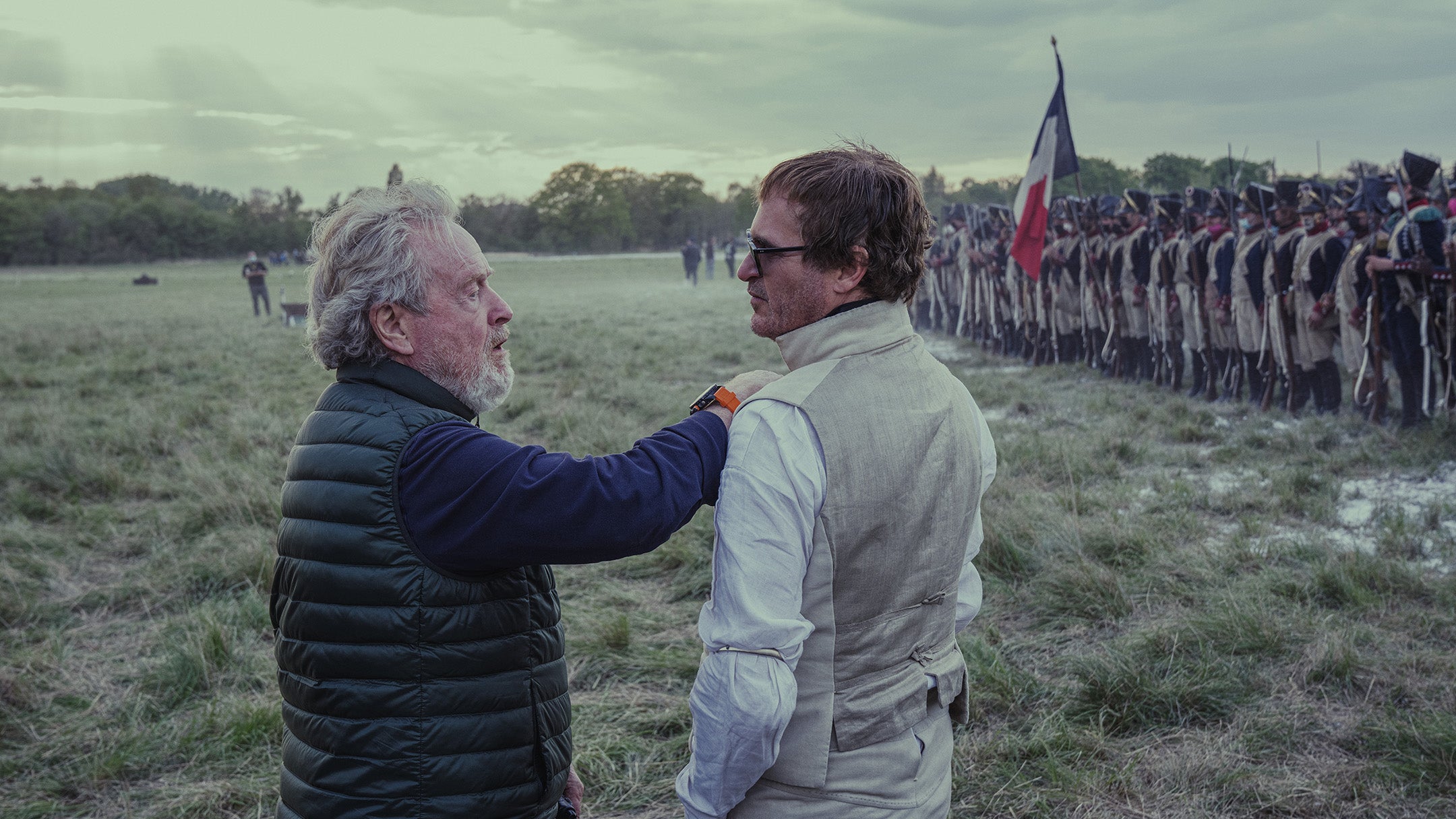 Ridley Scott directs Joaquin Phoenix on the set of Napoleon (2023)