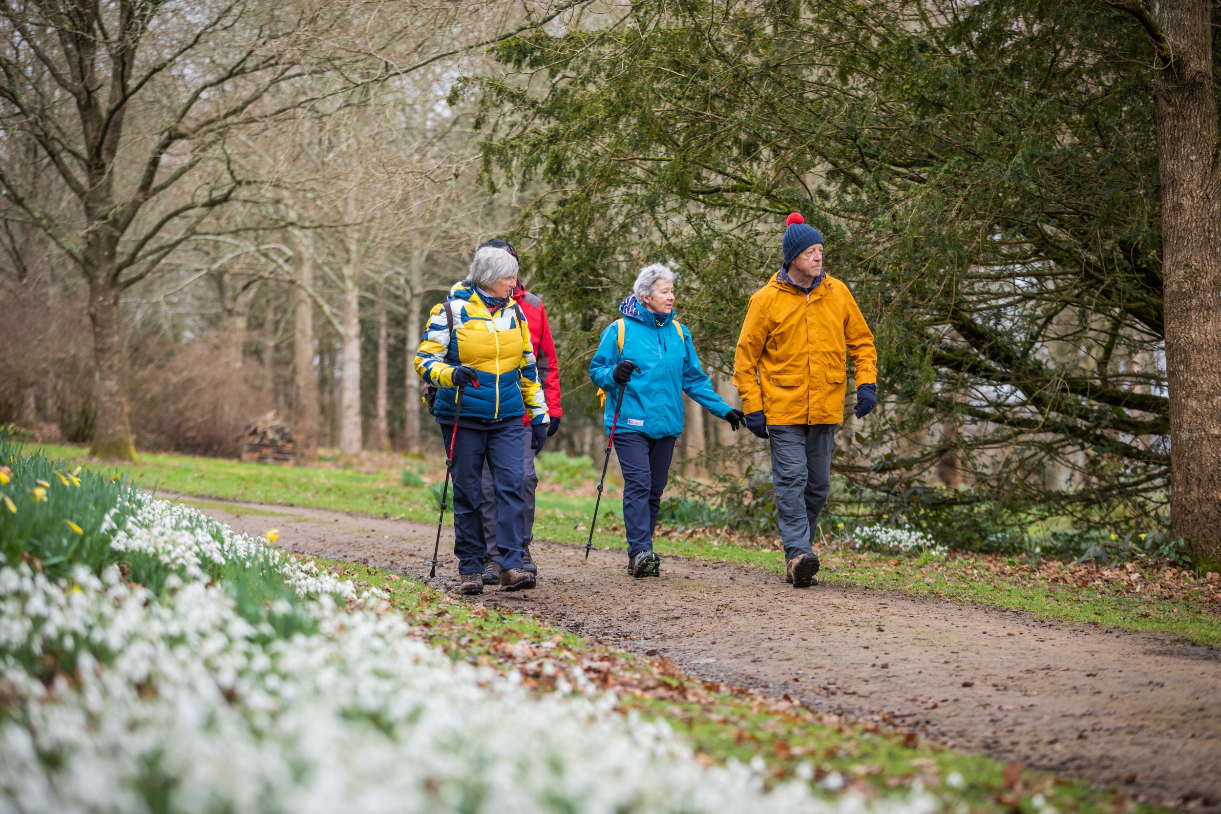Visitors enjoying the winter walk in the 18th-century 'Capability' Brown designed garden at Petworth, West Sussex