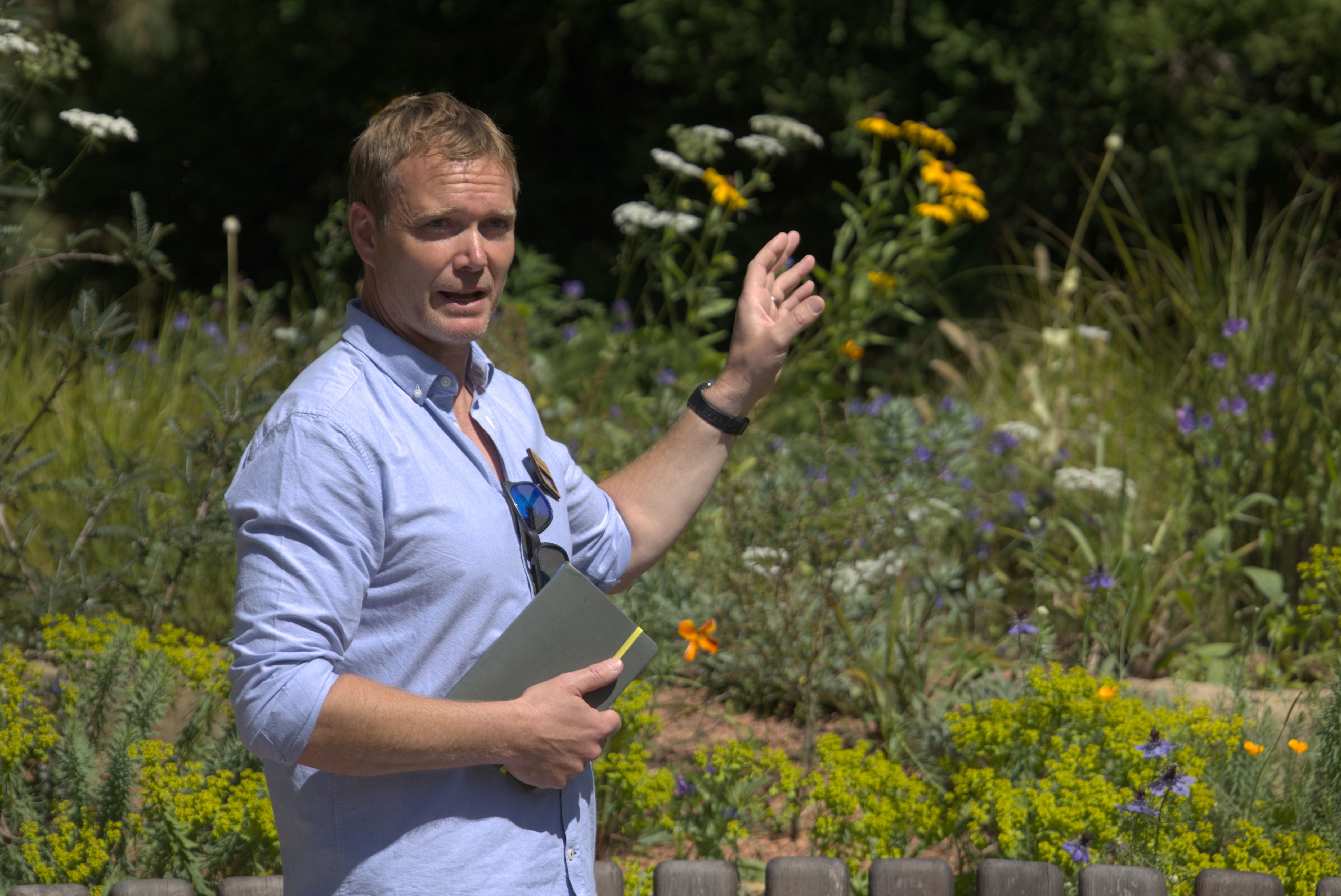 Designer Joe Perkins speaking at the Garden for the Future Launch event