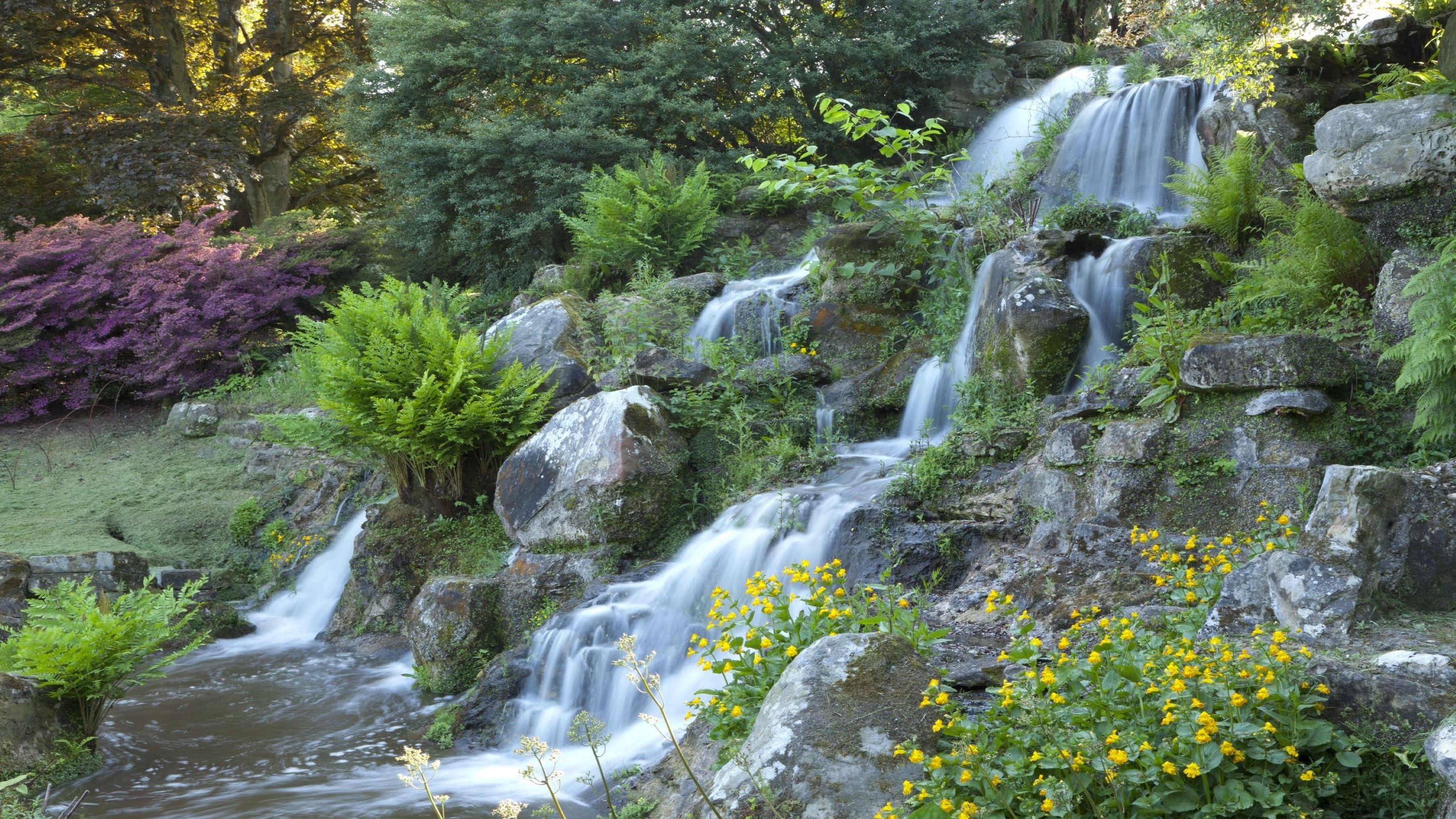 Water cascading down the Pulham Falls lined with spring flowers and lush foliage at Sheffield Park and Garden, Sussex