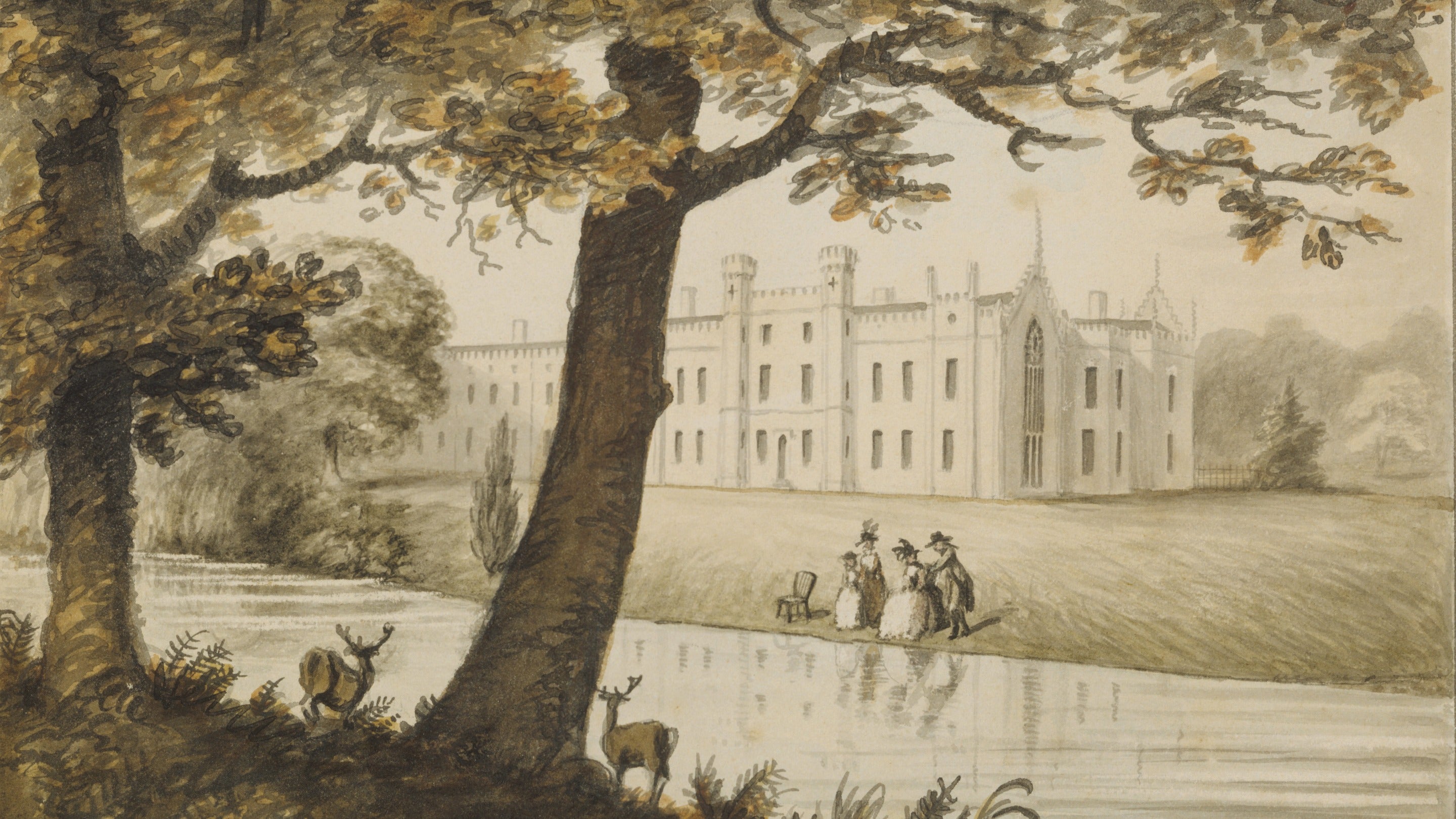 18th-century watercolour of Sheffield Park by an unknown artist, shows the view across the lake towards the house with deer in the trees and people on the edge of the lake