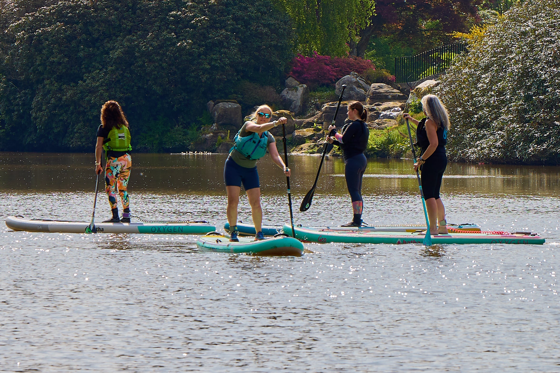A group paddleboarding on the lakes at Sheffield Park and Garden