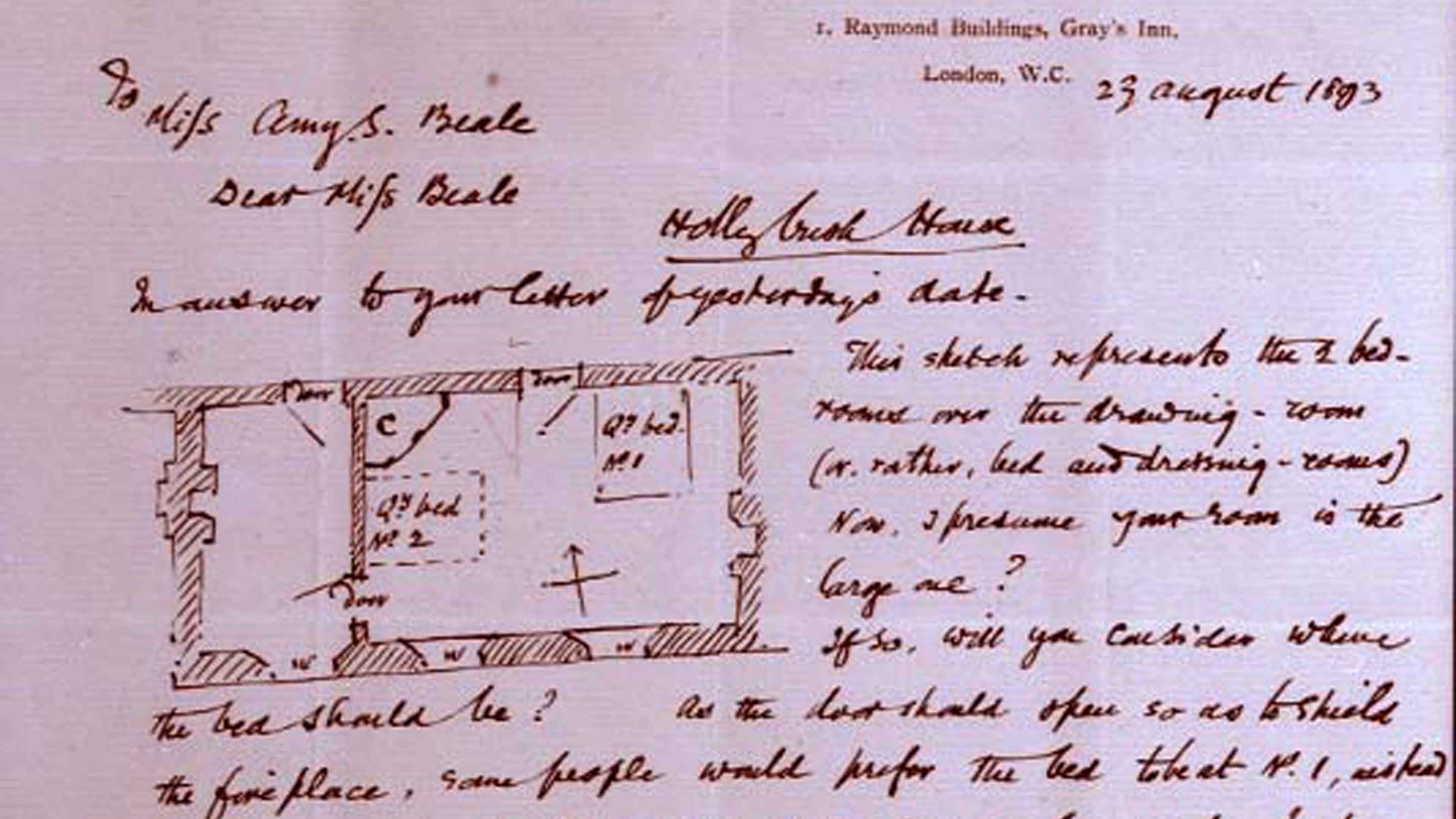 Part of a handwritten letter to Miss Amy Beale from Philip Webb, including a sketch of a room design, dated 3 August 1893