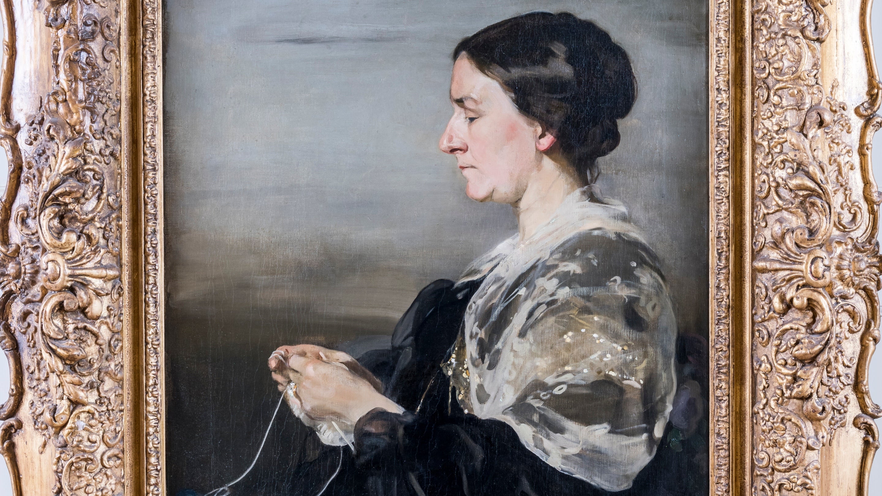 Portrait of Margaret Beale crocheting