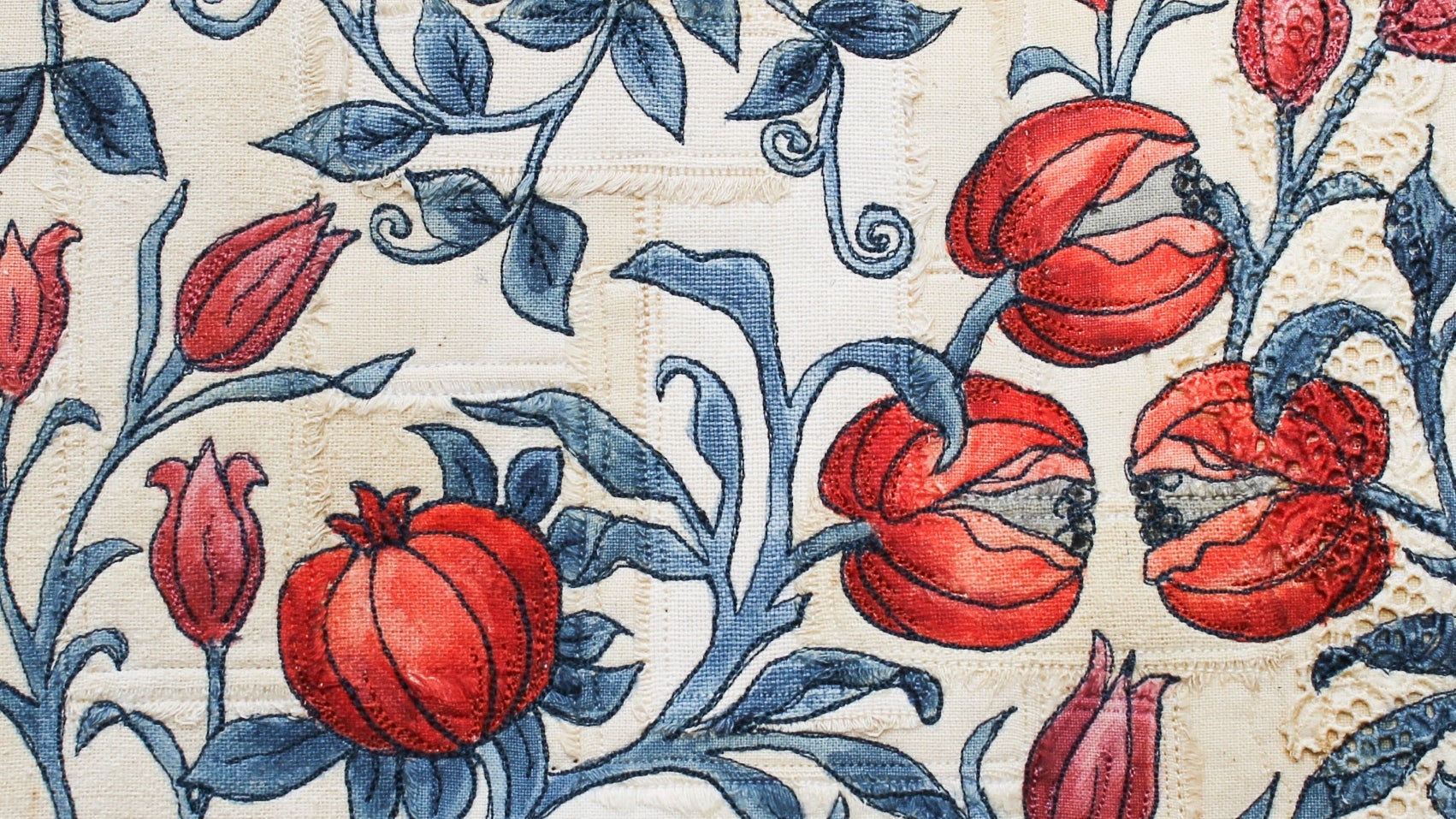 Embroidery detail of Tulips and Pomegranates by Wendy Dolan