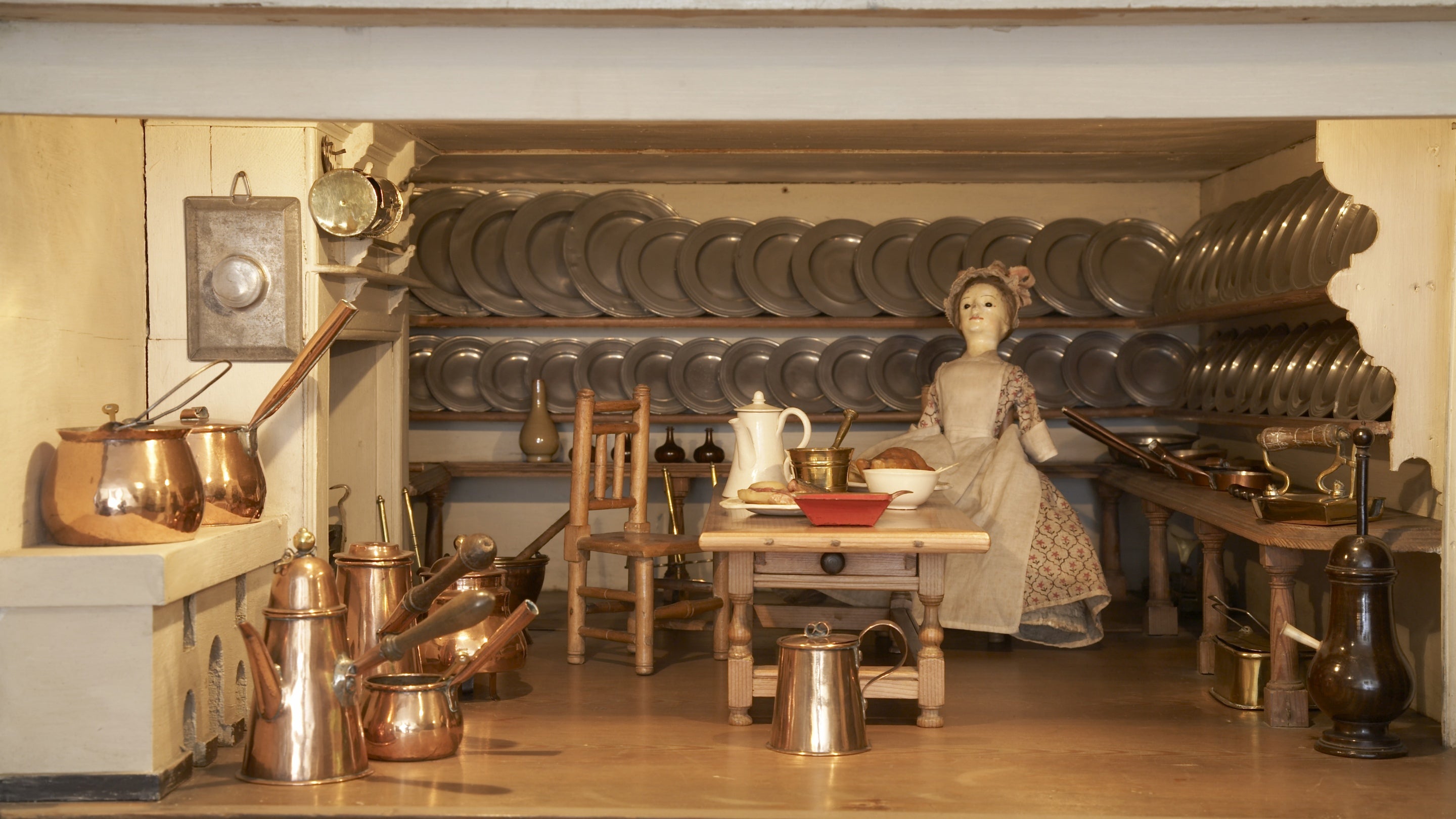 Close view of the kitchen in the doll's-house, kept in the Stewards Hall at Uppark, West Sussex