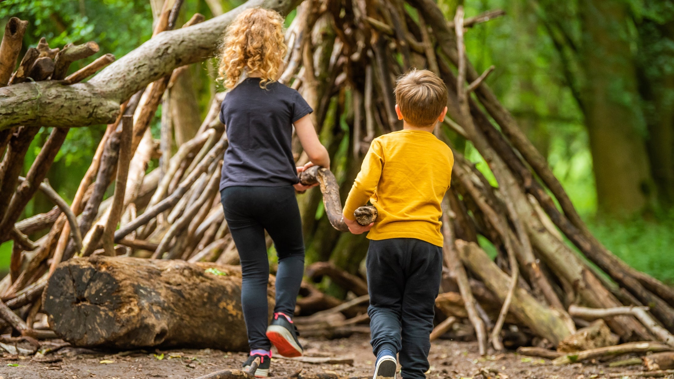 A boy and a girl building a den in woodland