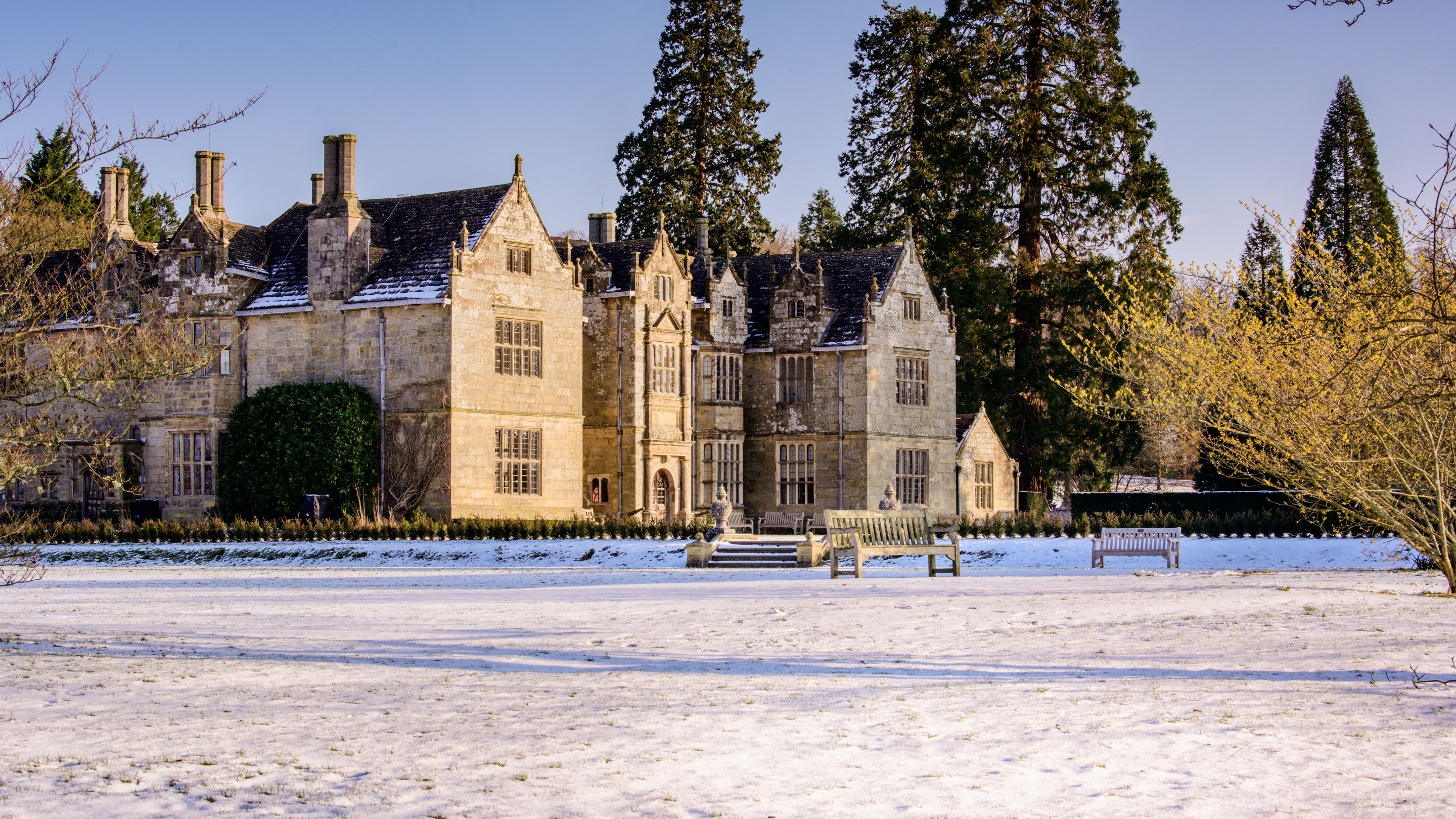 Wakehurst mansion in the snow