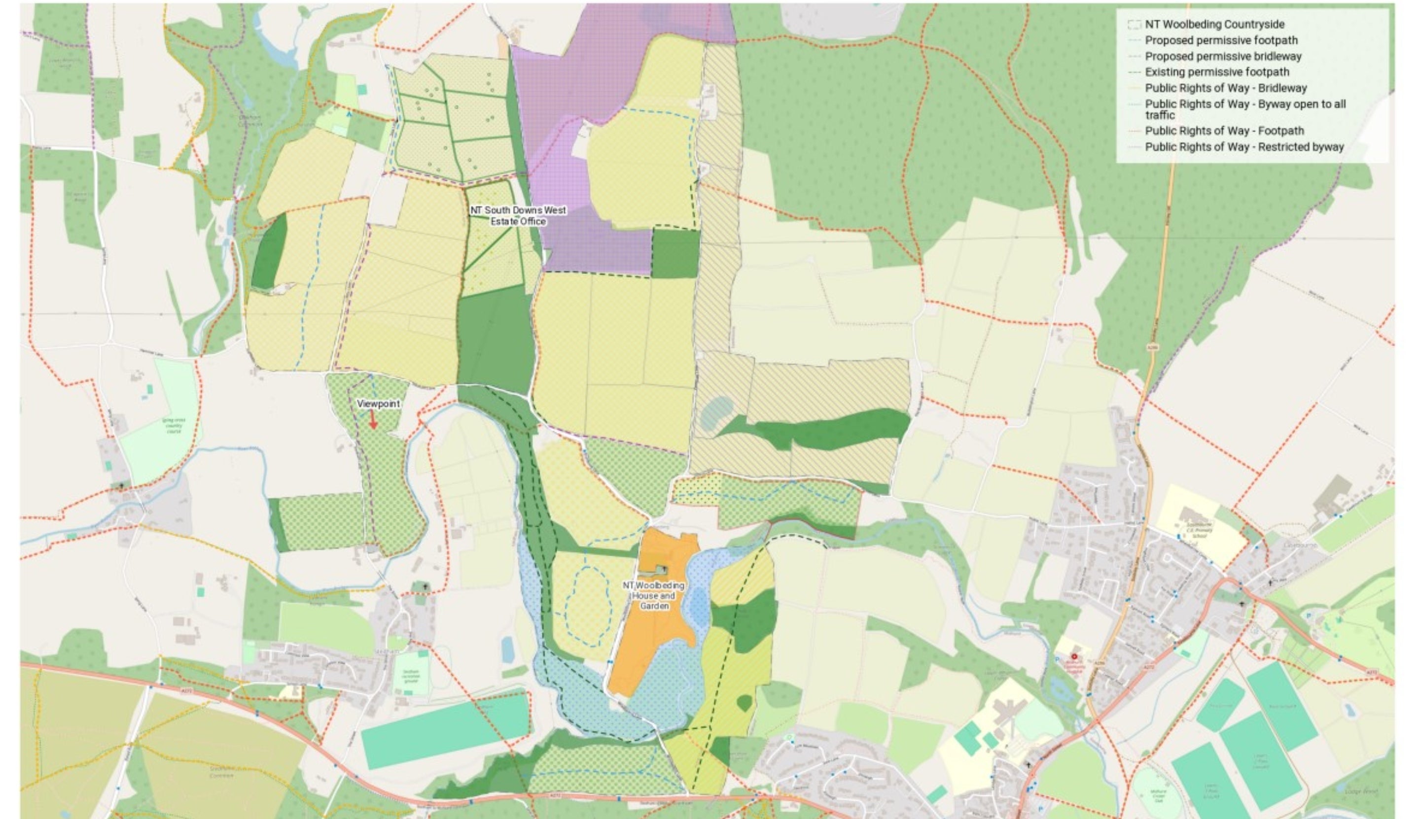 A map showing existing and new access areas in the Woolbeding Reimagined project area