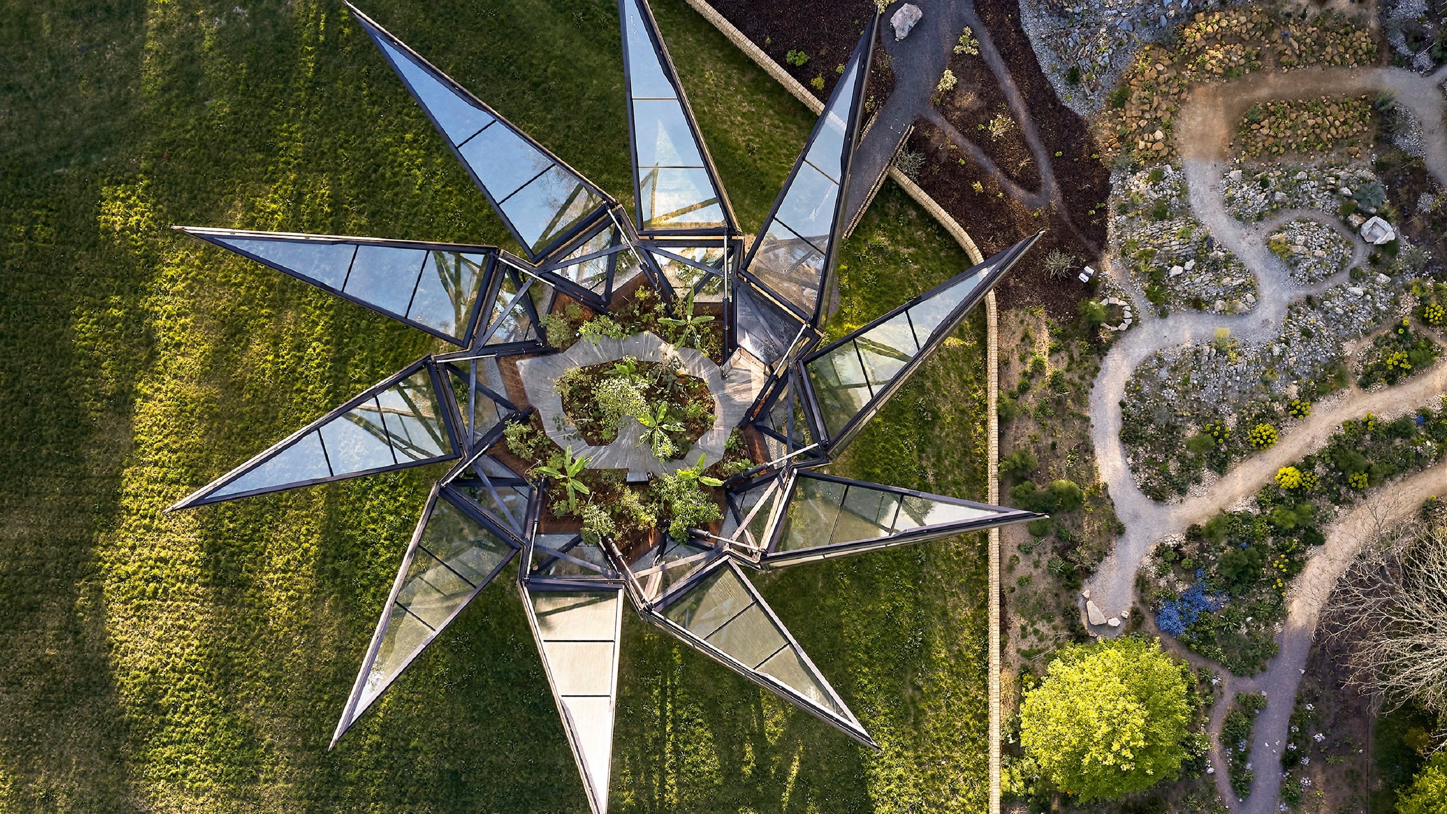 Ariel view of the open Woolbeding Glasshouse, at Woolbeding Gardens West Sussex, with plantings visible inside,