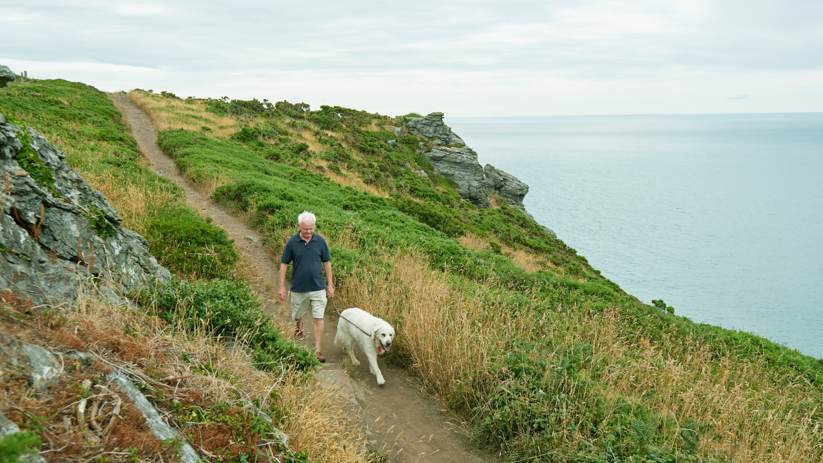 Visitor walking his dog on the coast