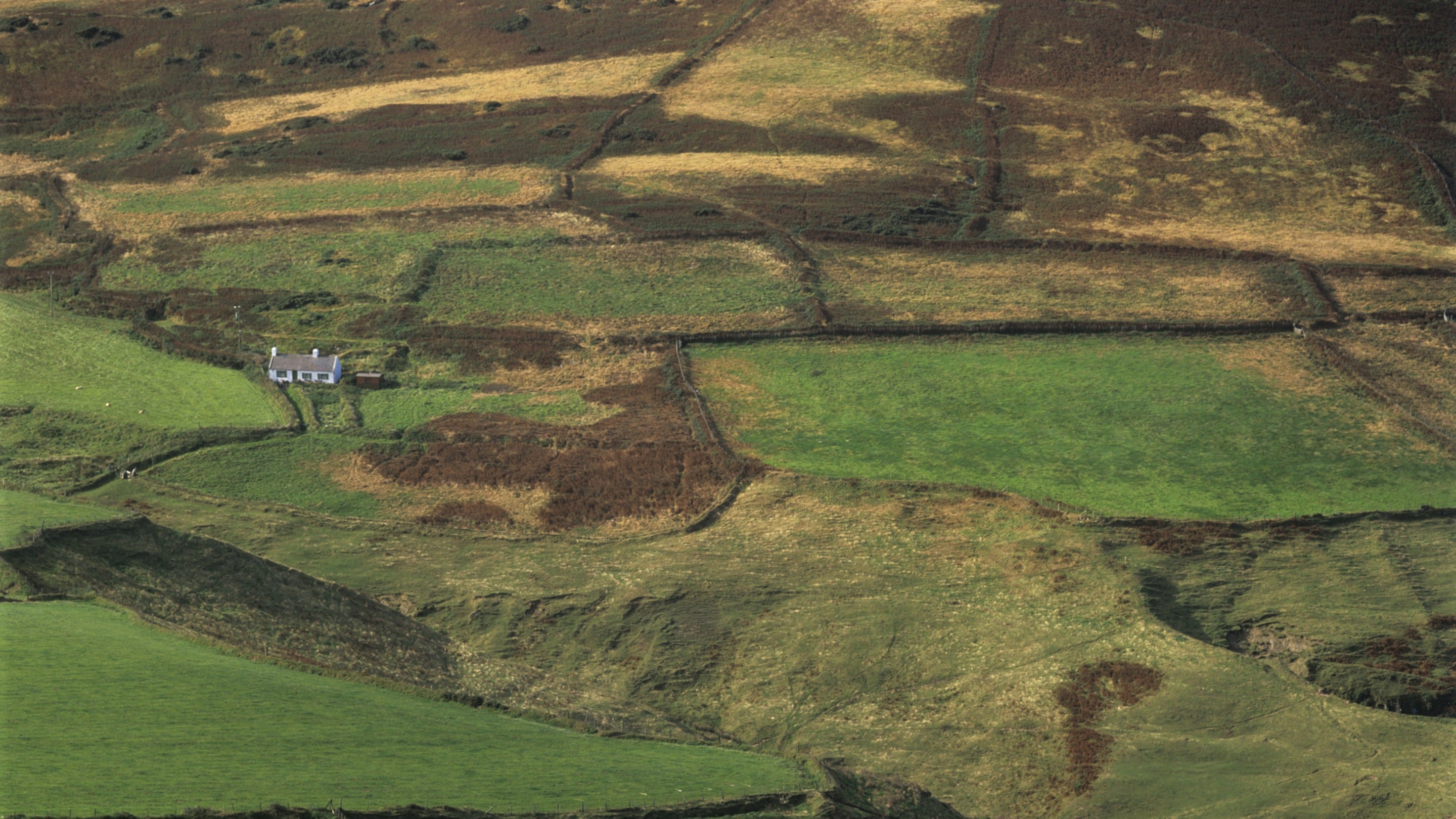 View of field boundaries on the slopes of Braich-y-Pwll from Mynydd Anelog on the Llŷn Peninsula, North Wales