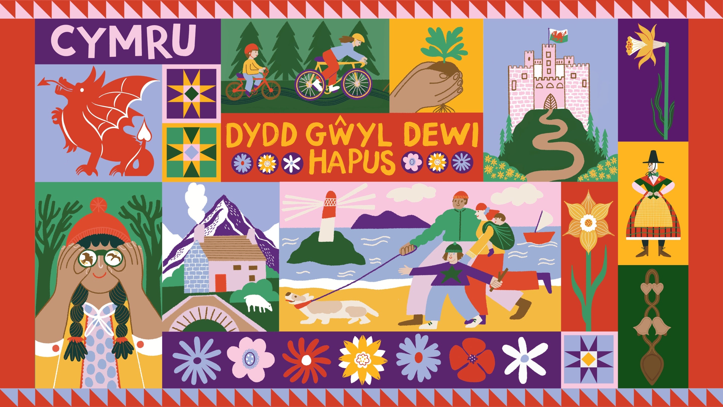 Illustrations of iconic Welsh imagery including a dragon, a castle with a Welsh flag, a traditional Welsh lady, a girl with binoculars birdwatching, a Welsh stone cottage with mountains in the background, a family walking a dog on a beach, a daffodil and traditional Welsh patterns. Text reads 'Cymru' and 'Dydd Gŵyl Dewi Happus'.