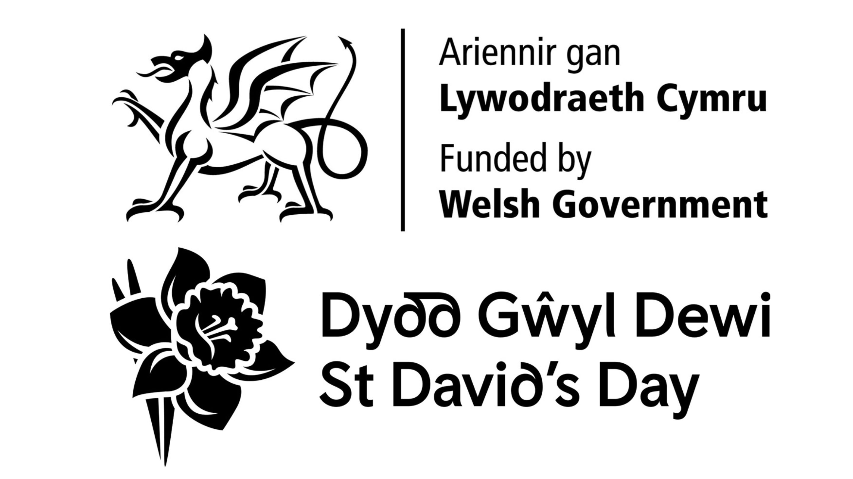 black and white logo with a dragon, a daffodil, and the words 'Funded by Welsh Government' and 'St David's Day' in Welsh and English.