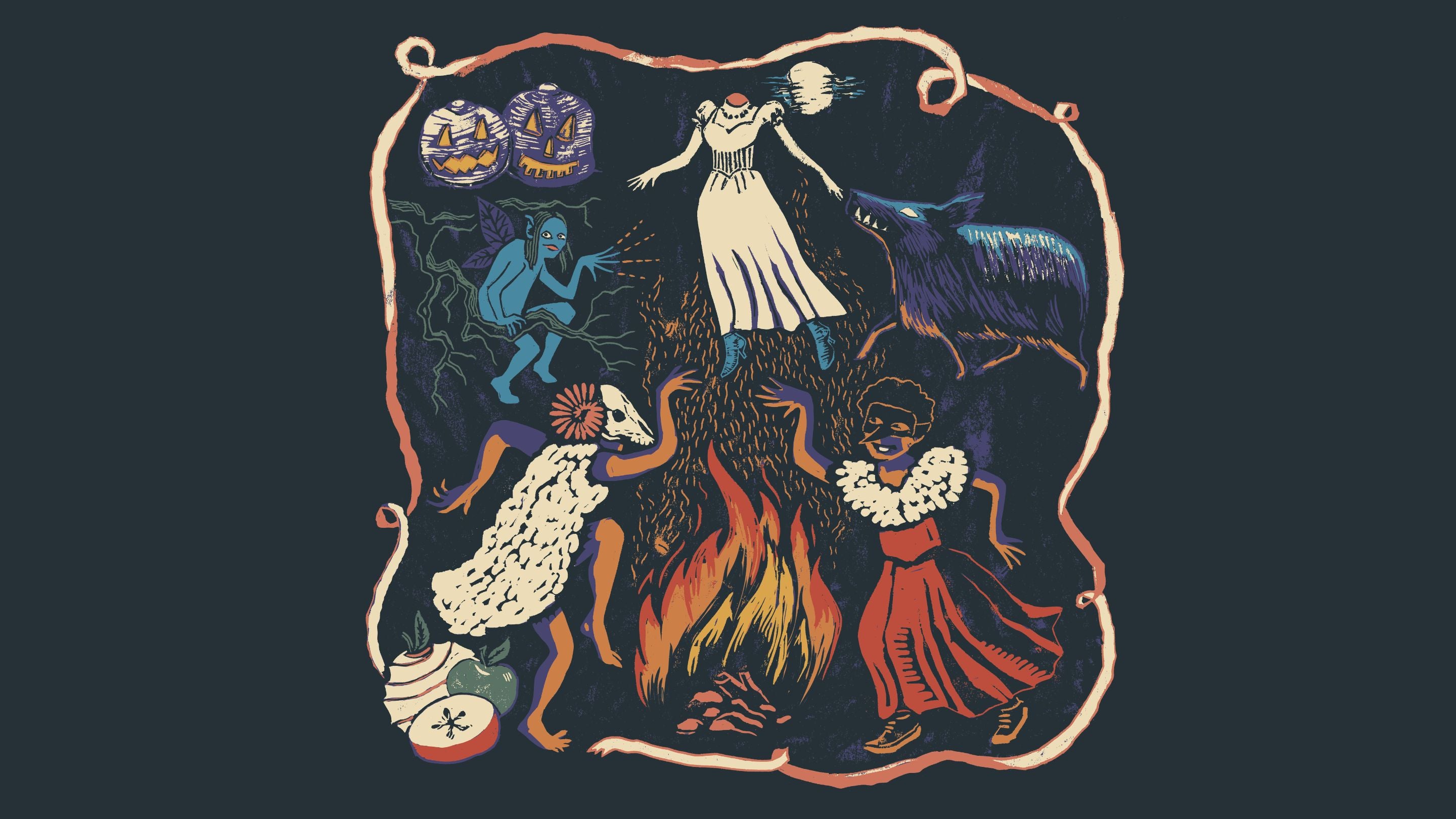 Illustration of Calan Gaeaf characters, including Ladi Wen and Hwch Dda Gwta, in a festive autumn setting inspired by Welsh folklore.