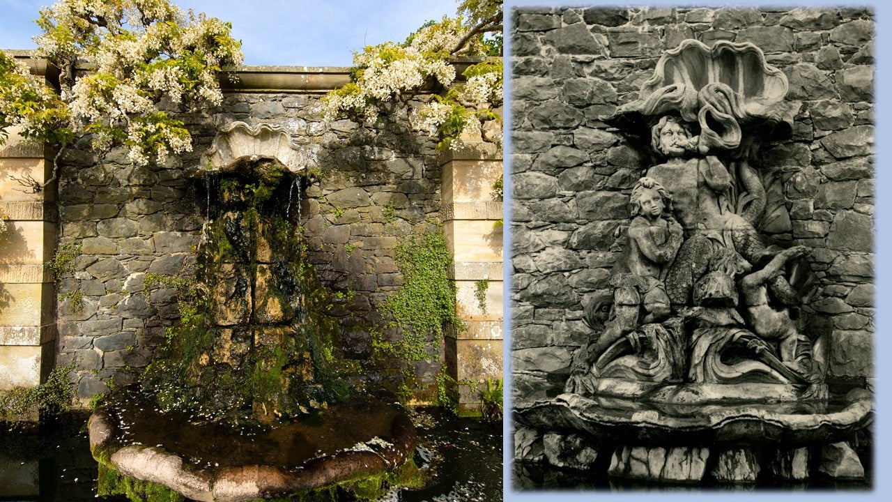 Present and past images of the fountain on the Croquet Terrace at Bodnant Garden, Conwy
