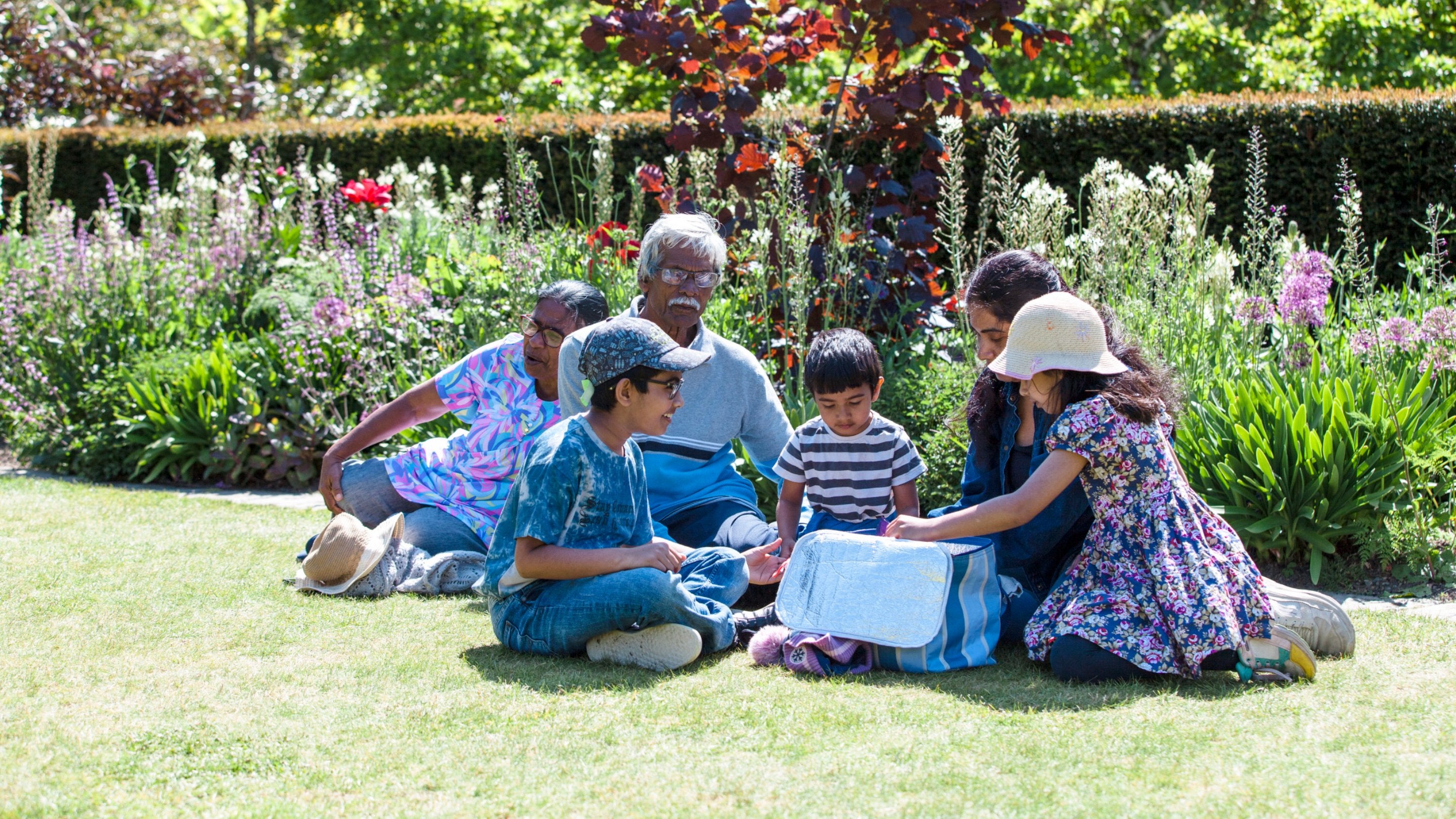 A family enjoy a picnic on the lawn at Bodnant Garden, Conwy, Wales with a flower border and hedge in the background