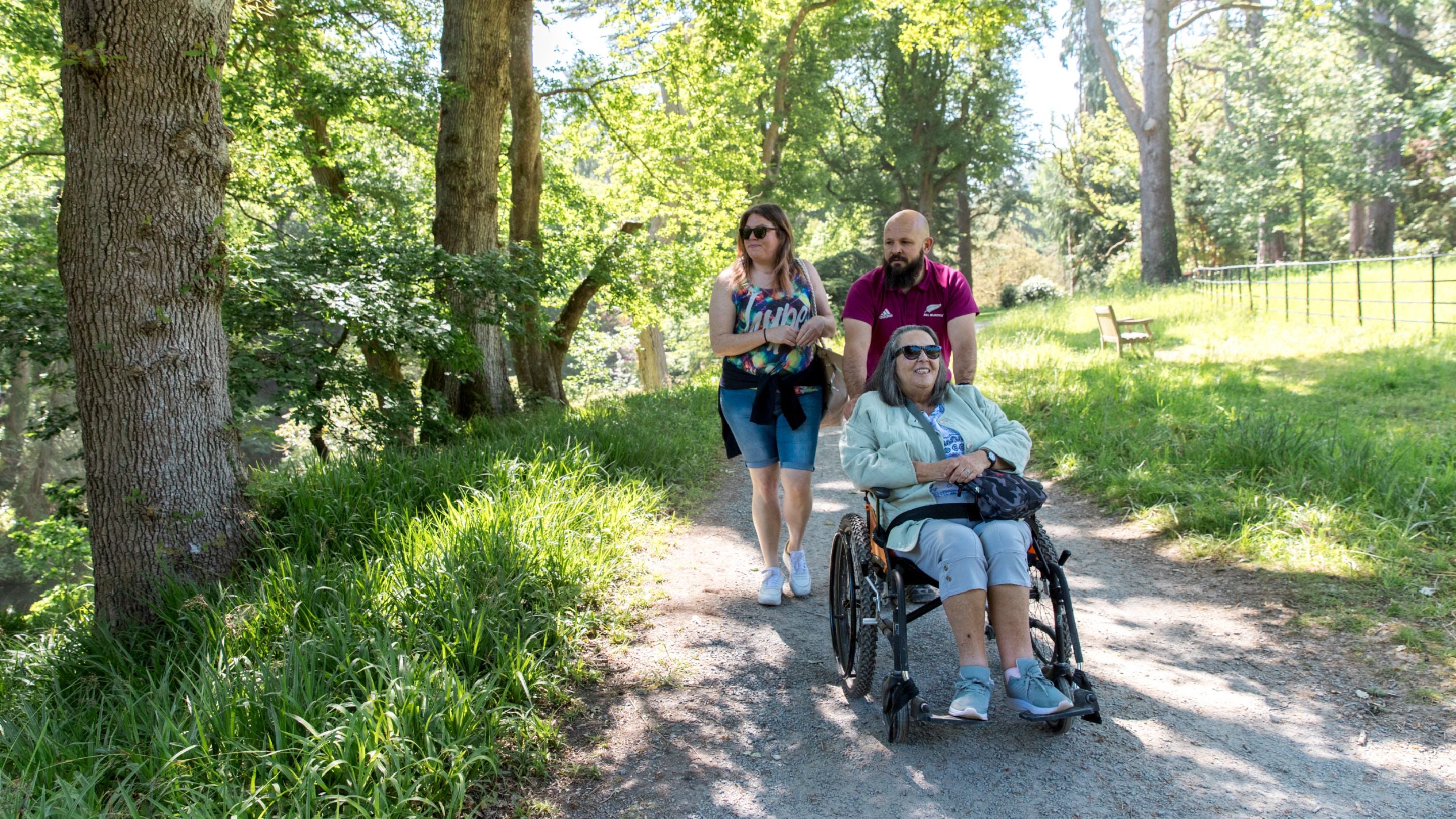 Three people, one a wheelchair user, explore a path through sunny woodland