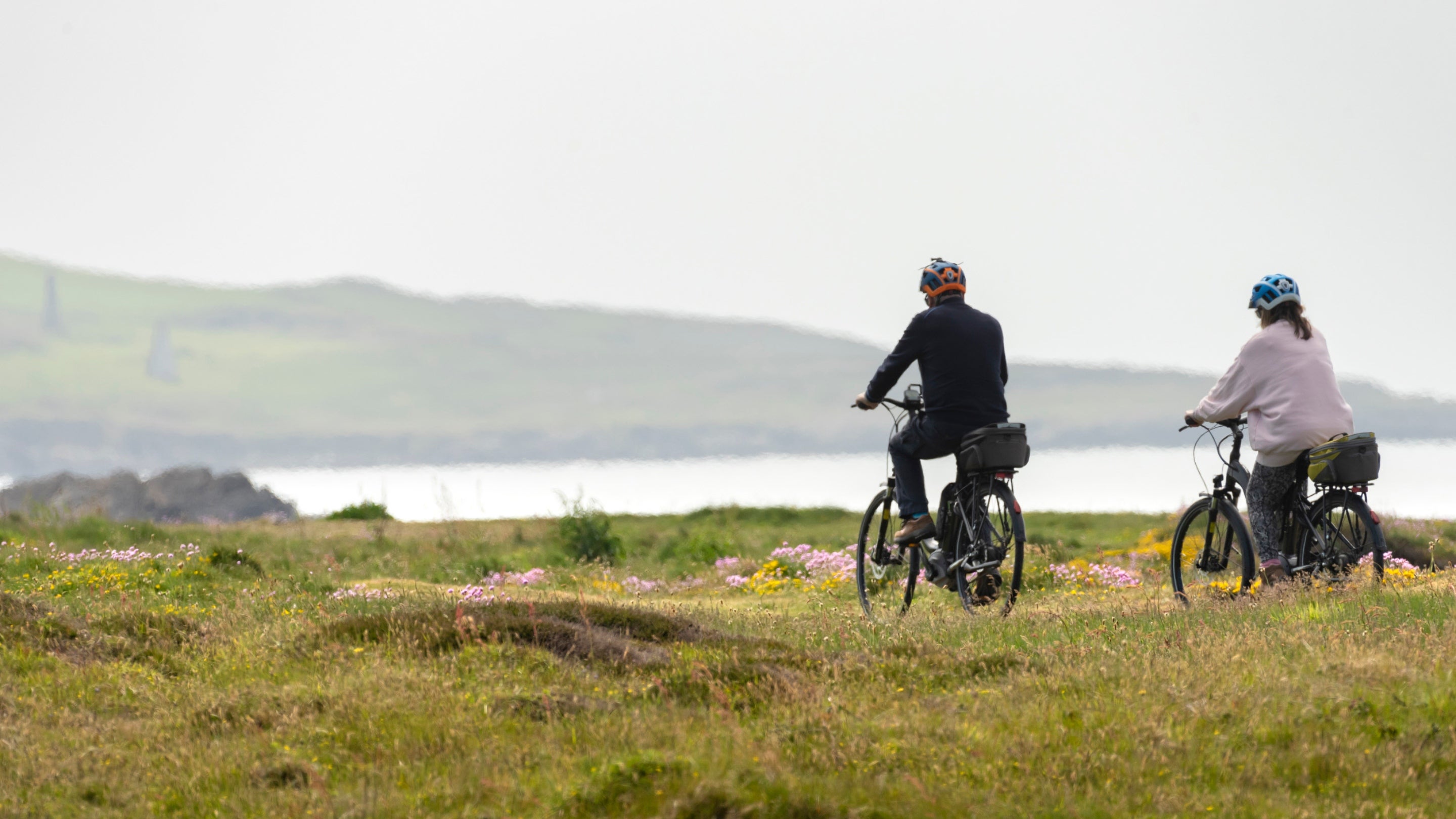 Two people on bikes exploring the Welsh coast with the sea in the background and pink early summer wild flowers in the forground