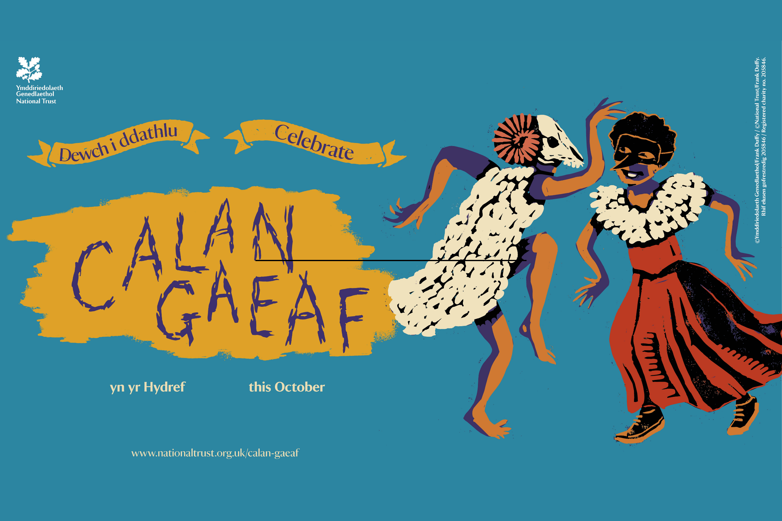 Illustrated Calan Gaeaf graphic featuring characters from Welsh folklore on a blue background.