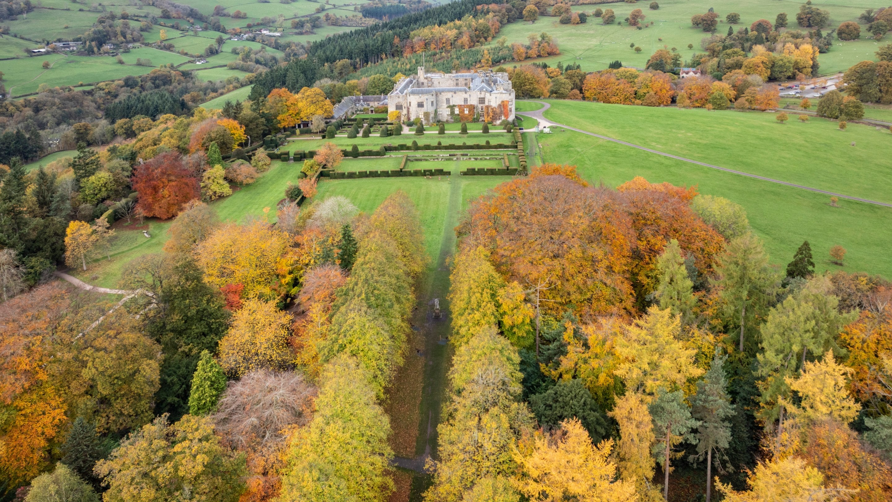 An aerial view of Chirk Castle and Garden, Wrexham, in autumn.