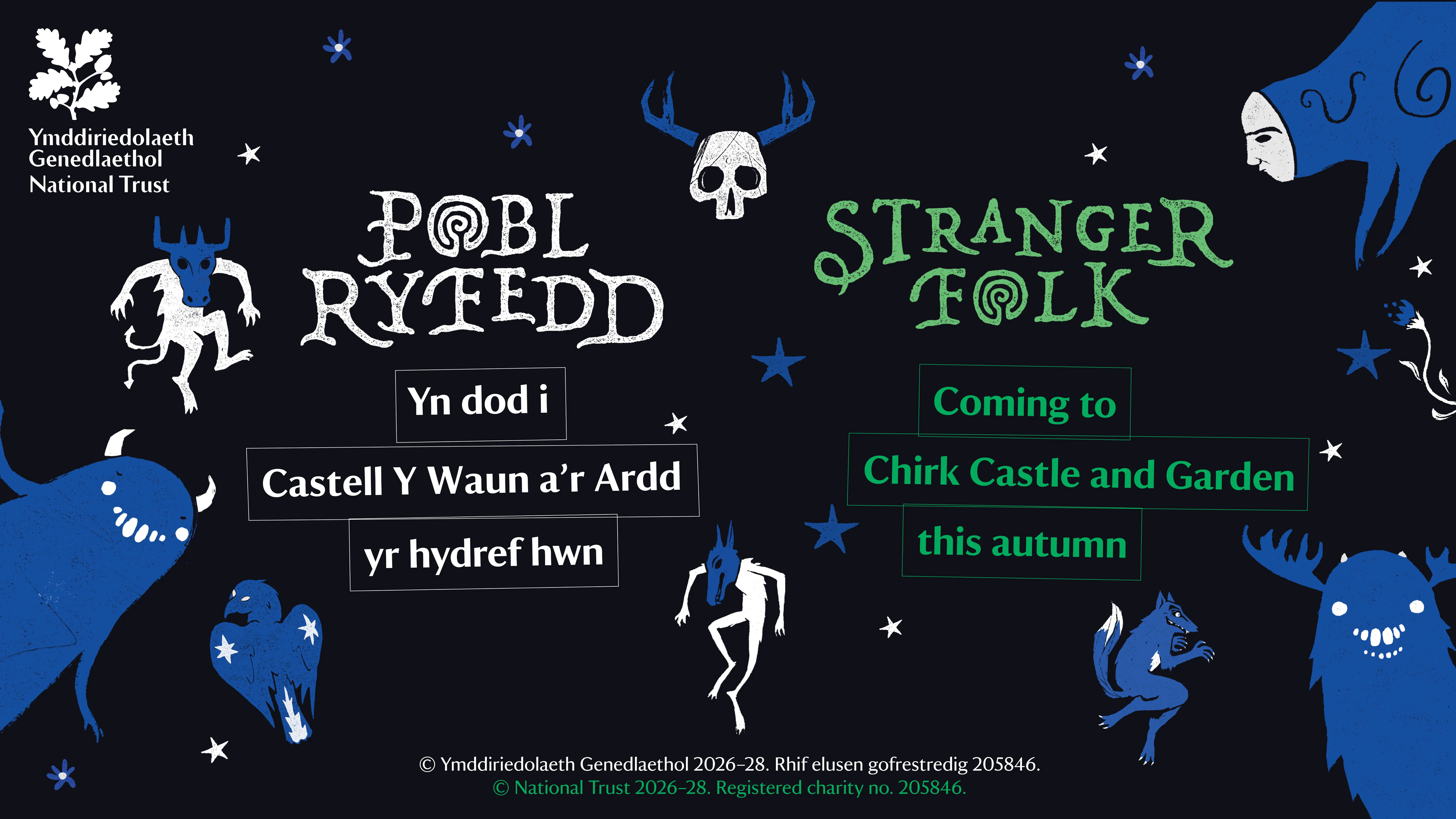 Illustrated Stranger Folk characters on a dark background with bilingual text announcing Stranger Folk at Chirk Castle and Garden this autumn.