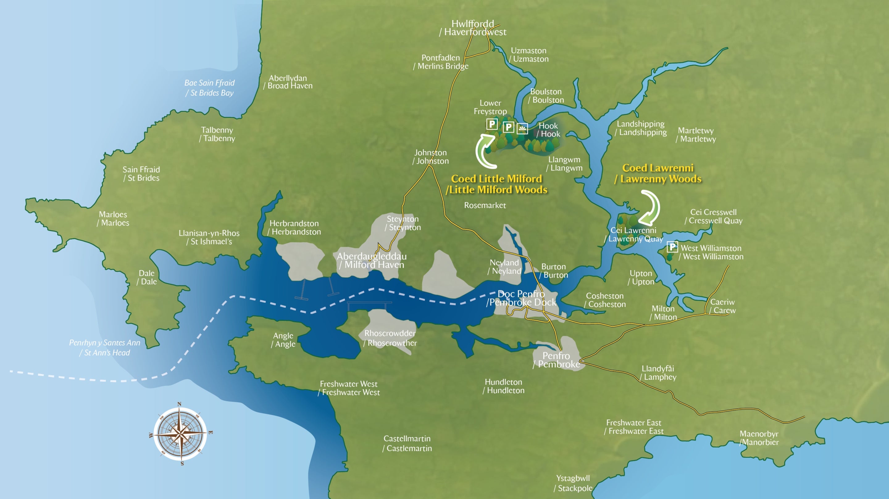 Illustrated map of of the Cleddau woodlands, Pembrokeshire