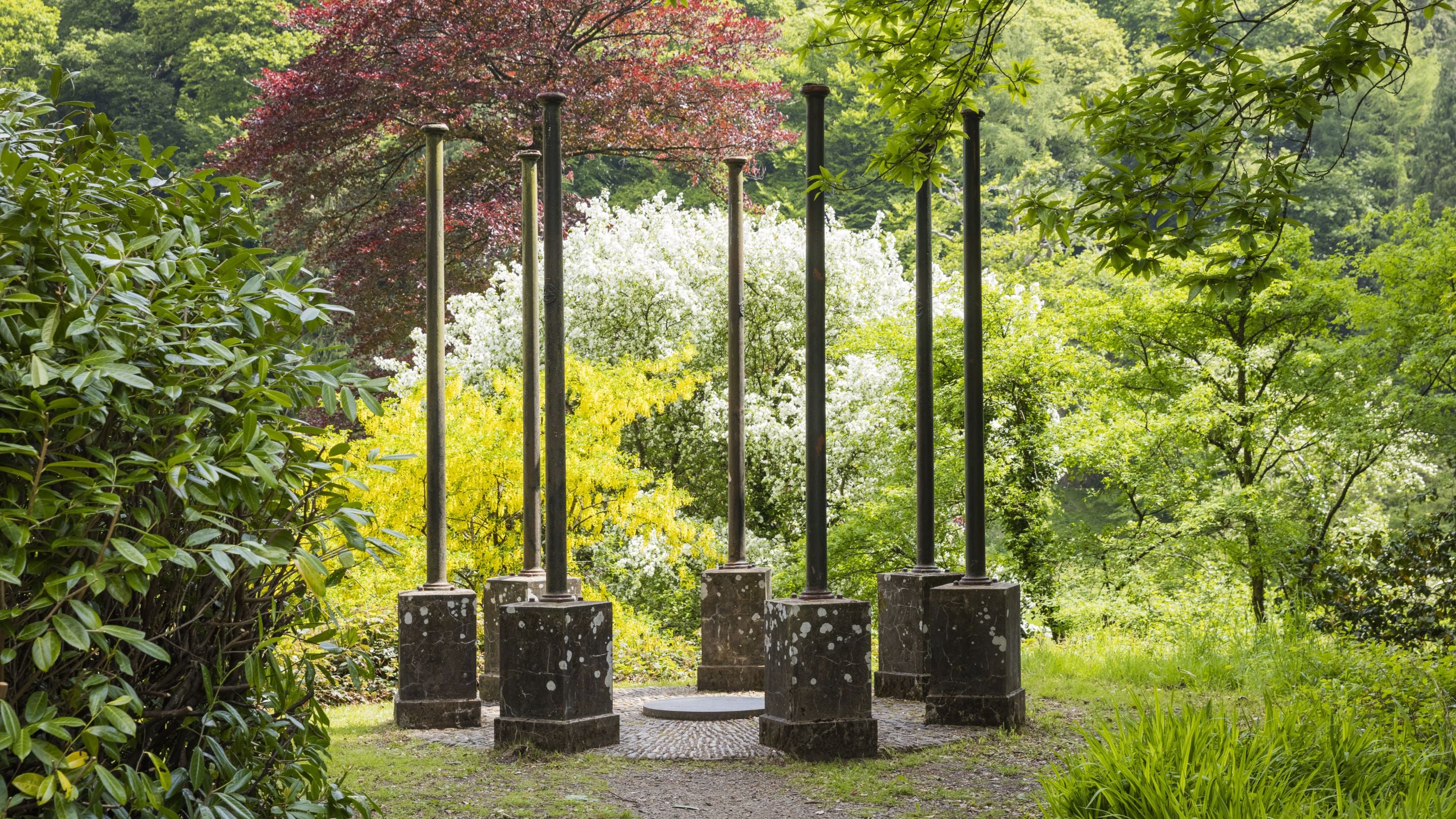 Cofeb Pamela Chance yng Ngardd Goedwig Colby, Sir Benfro, sy’n cynnwys saith piler mewn cylch yn sefyll ymysg y coed.