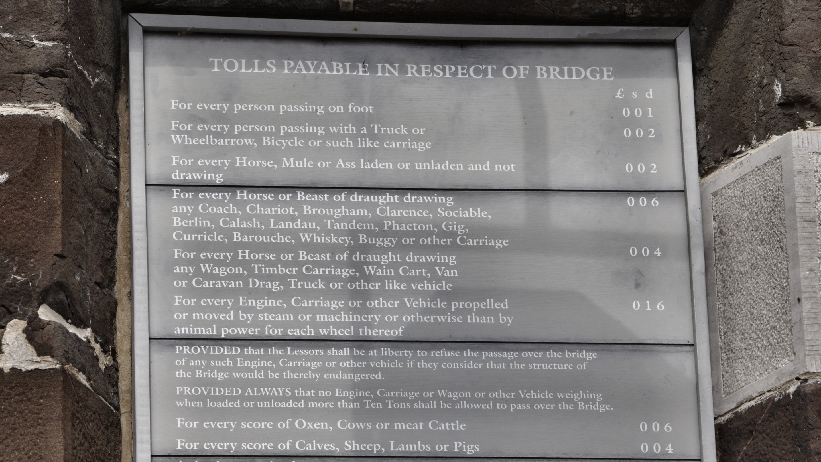 Arwydd du gyda llythrennau gwyn yn rhoi manylion y ffioedd am groesi Pont Grog Conwy, Conwy.