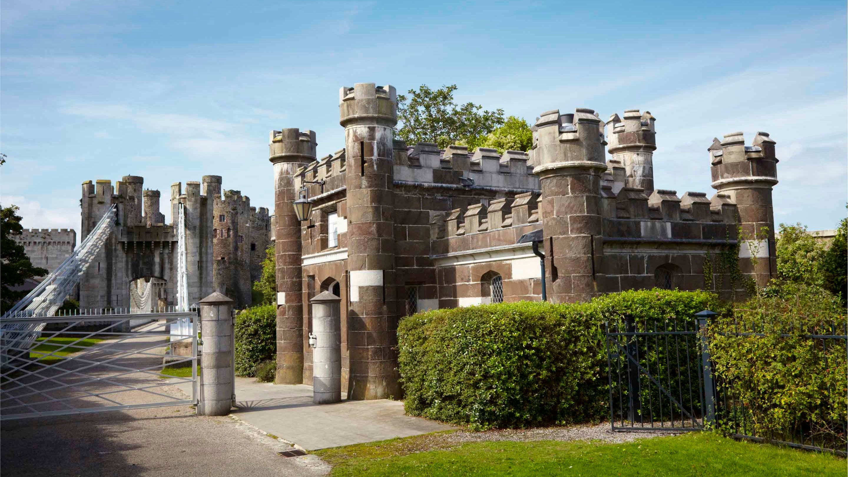 The toll-house at Conwy Suspension Bridge on a sunny day
