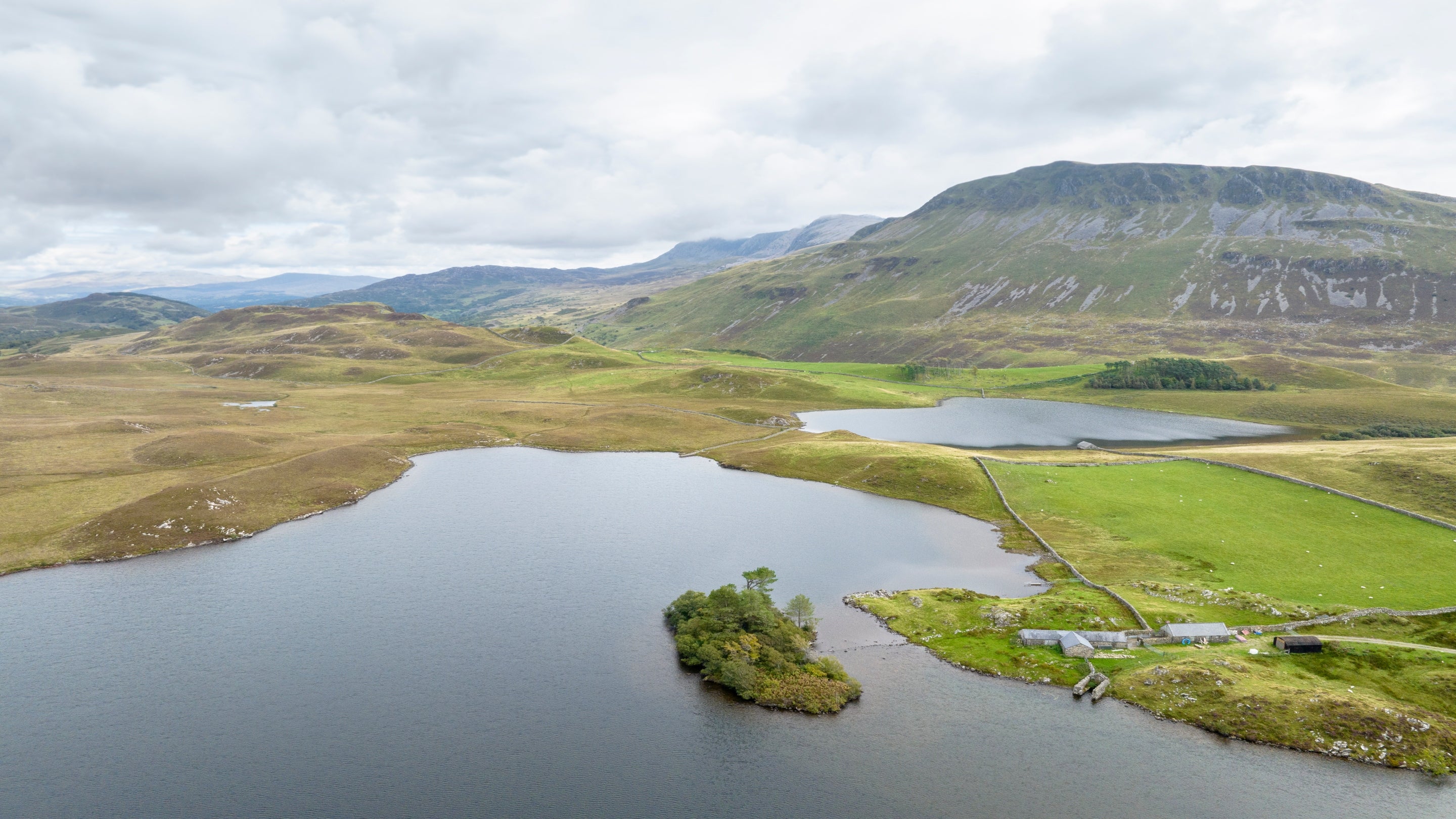 Aerial view of Llynnau Cregennan lakes, Eryri (Snowdonia)