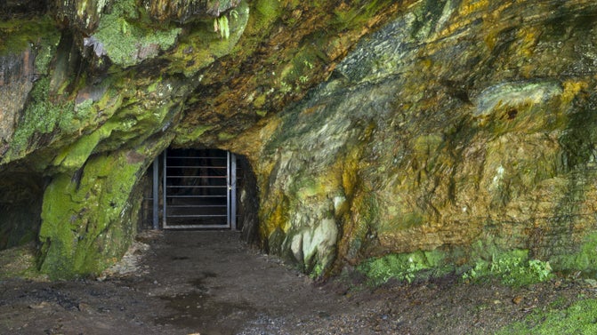 A low arched doorway with a metal grate is carved into a craggy stone wall at Dolaucothi Gold Mines, Carmarthenshire.