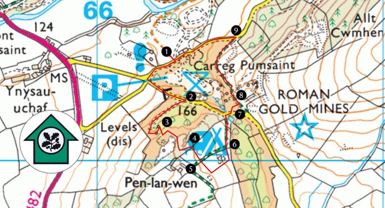 Map showing route and steps of the Miner's Way trail at Dolaucothi