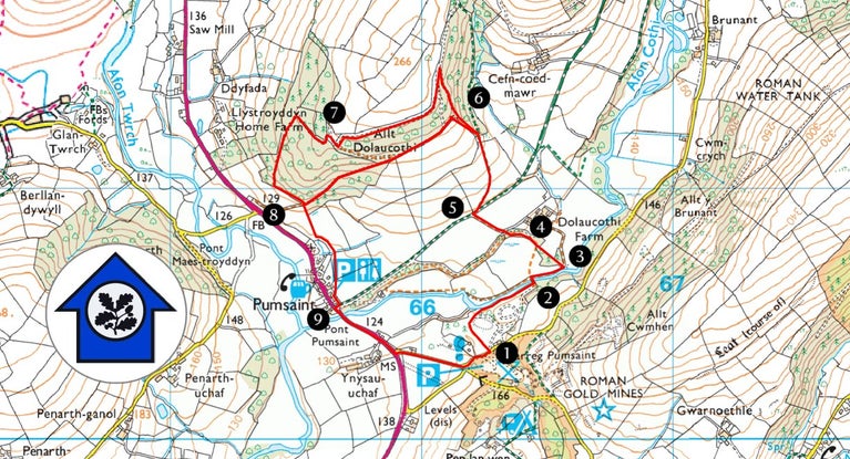 Map Arolwg Ordnans o lwybr Coetir Dolaucothi yn Sir Gâr, Cymru