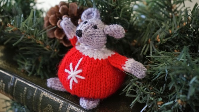 A volunteer-knitted Christmas mouse decoration at Dyffryn Gardens