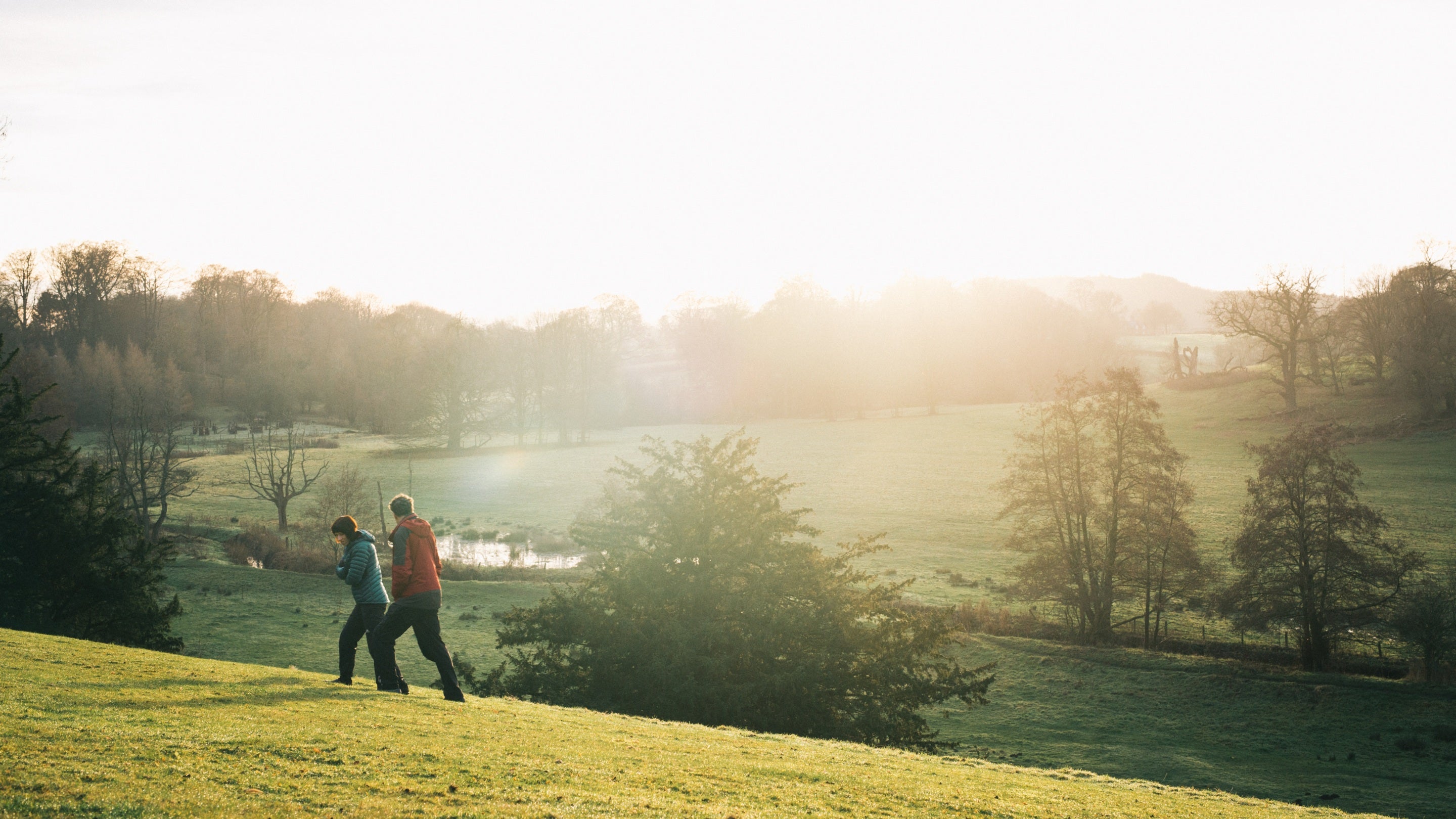 Two people walking in the parkland during winter at Erddig, Wrexham