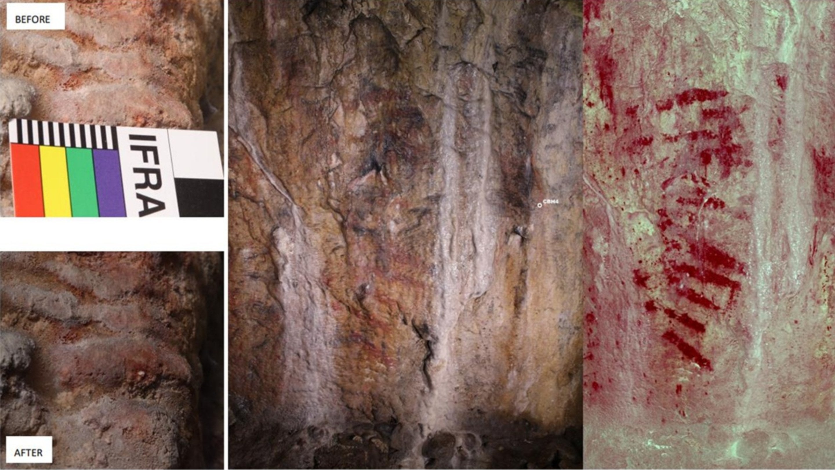 Horiztonal red markings, the oldest rock art in the UK at Bacon Hole Cave, Gower