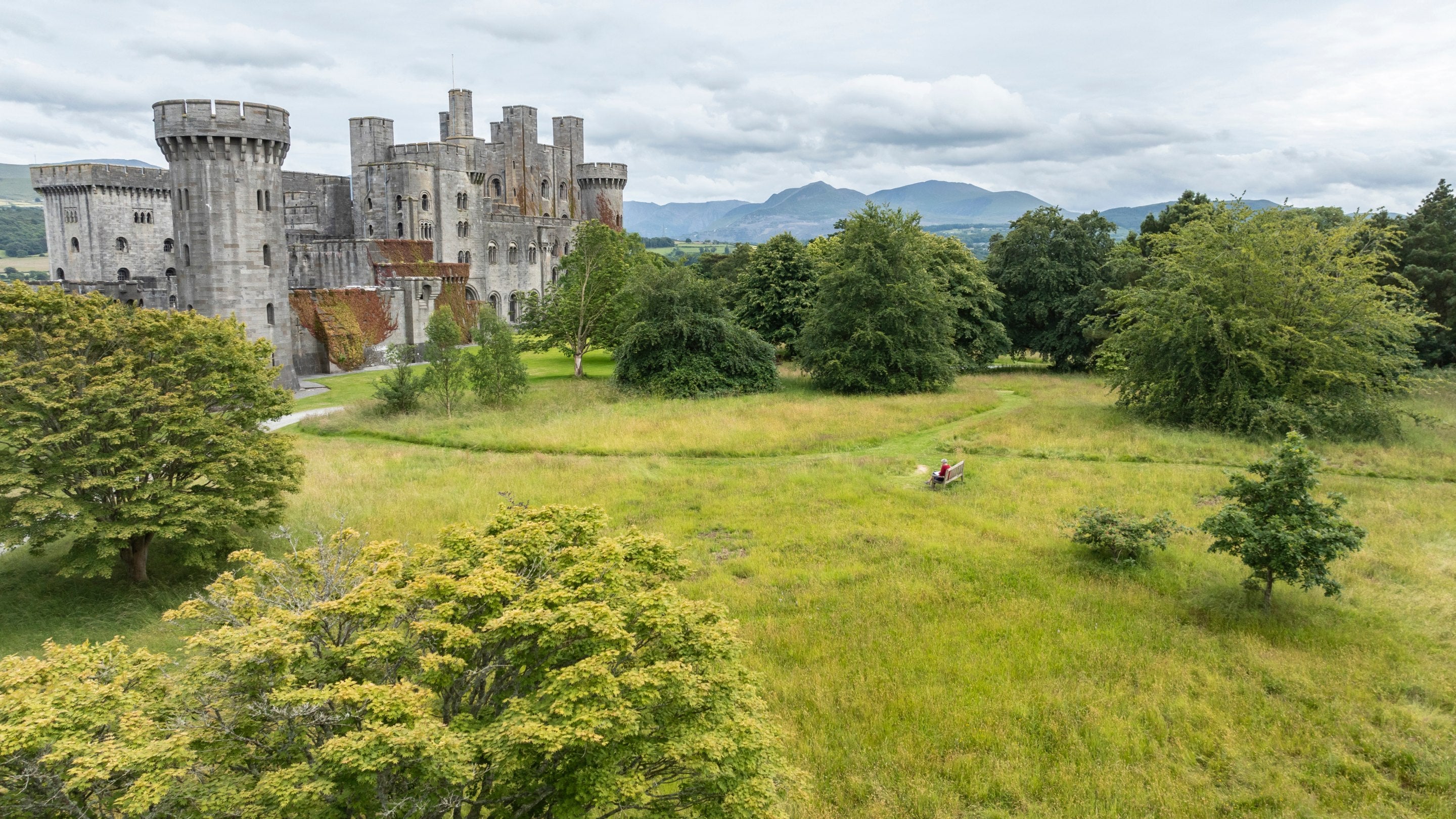 The castle and part of the estate at Penrhyn as seen from above